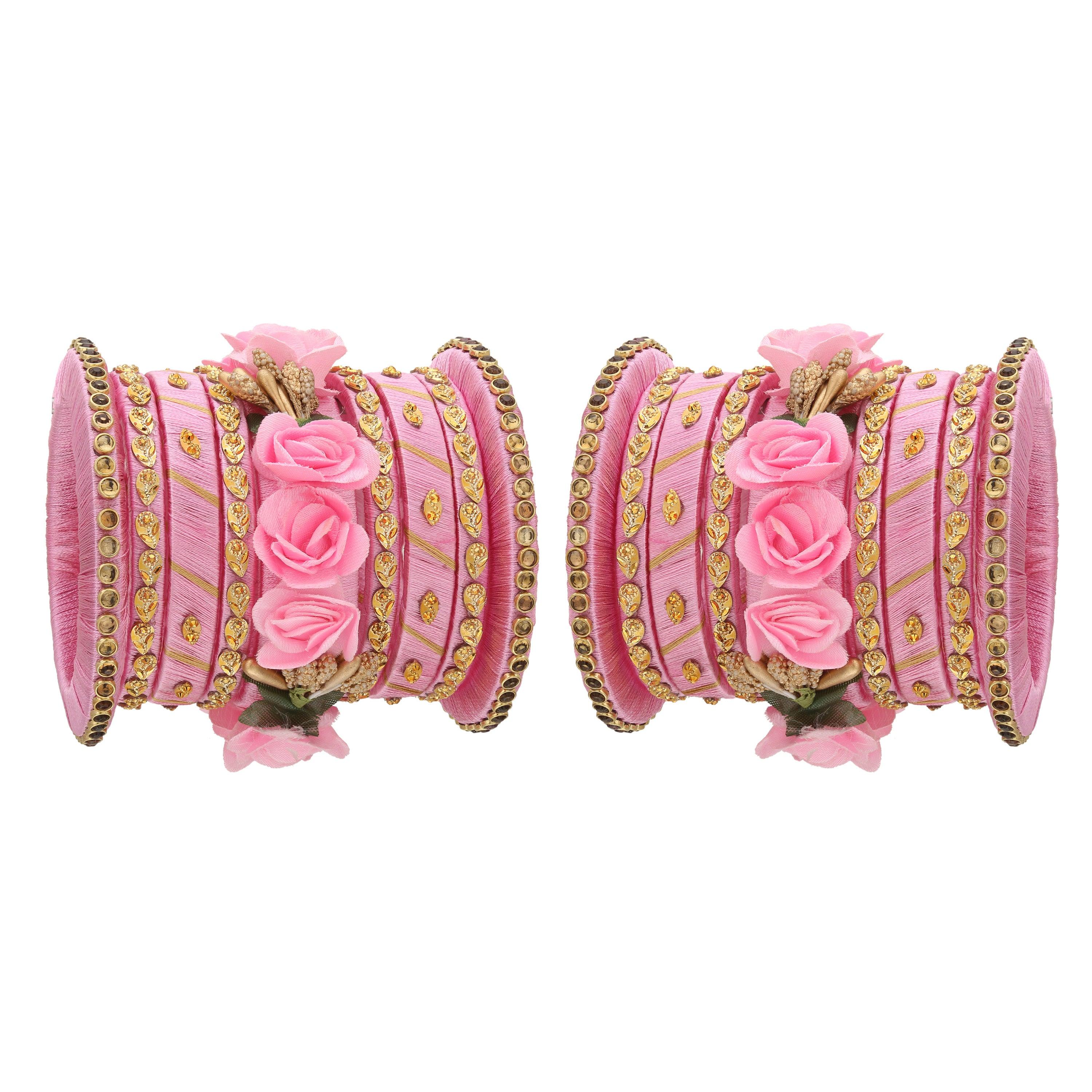 Sukriti Stylish Handmade Baby-Pink Flower Designer Silk thread Plastic Bridal Chuda Wedding Bangles for Women – Set of 18