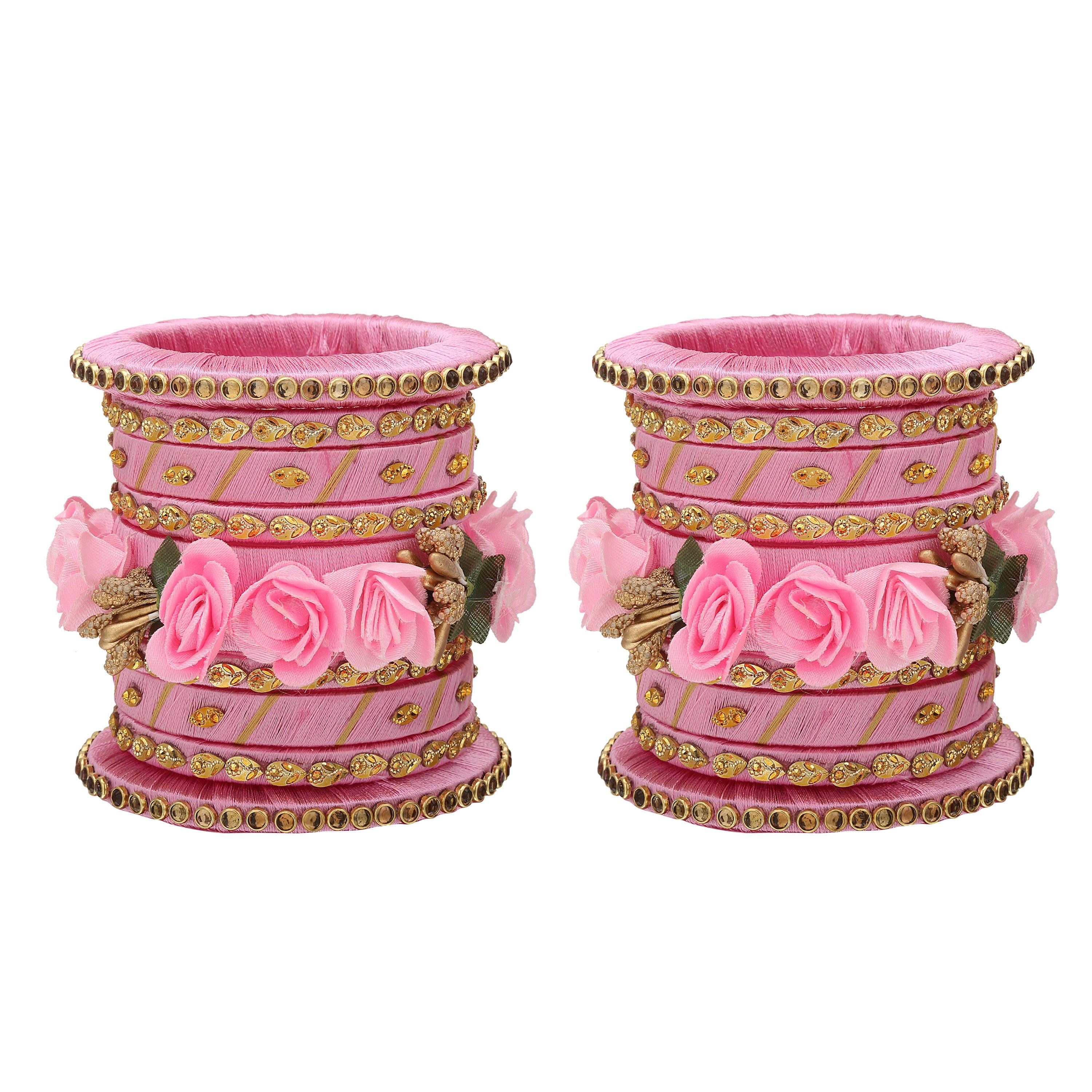 Sukriti Stylish Handmade Baby-Pink Flower Designer Silk thread Plastic Bridal Chuda Wedding Bangles for Women – Set of 18