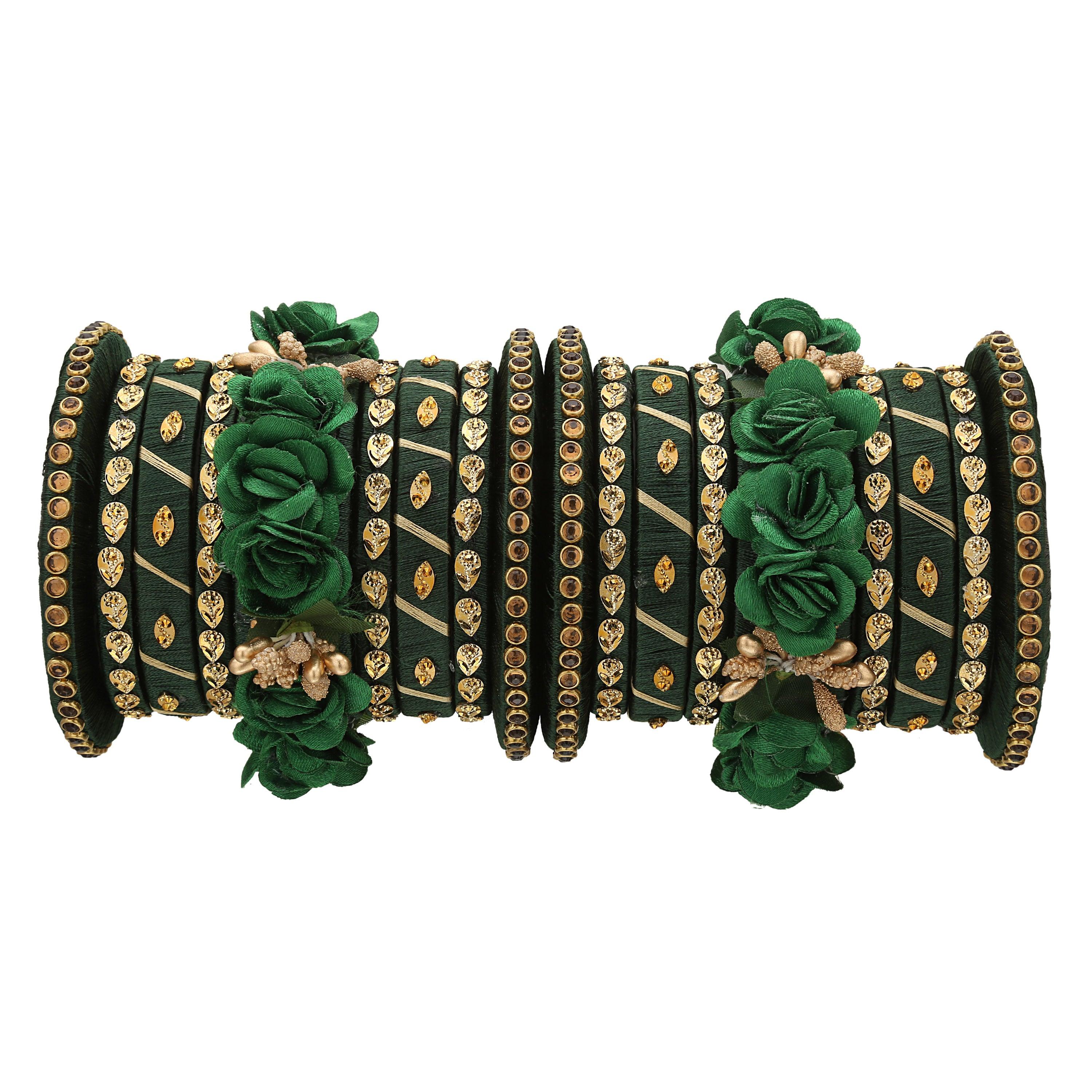 Sukriti Stylish Handmade Bottle-Green Flower Designer Silk thread Plastic Bridal Chuda Wedding Bangles for Women – Set of 18