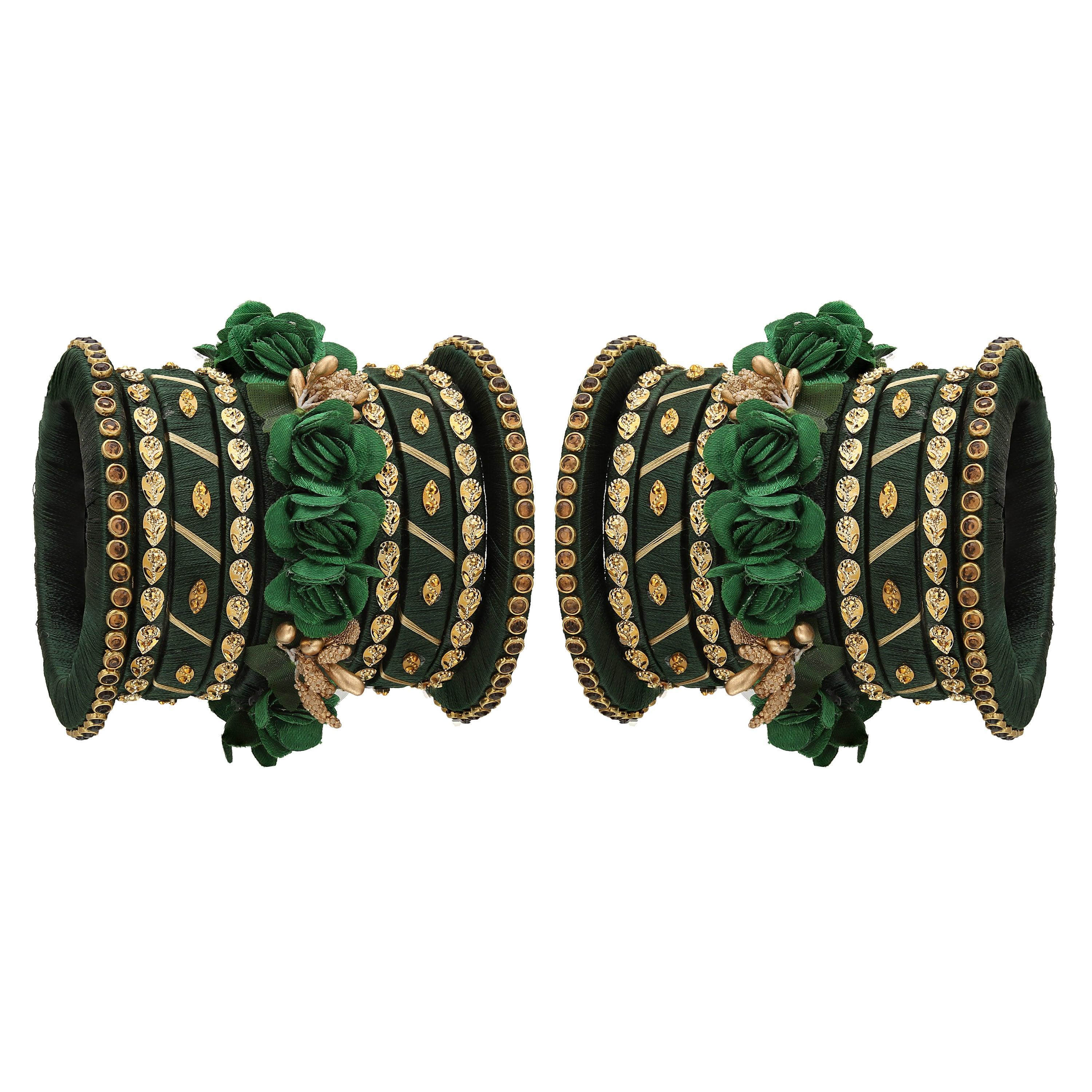 Sukriti Stylish Handmade Bottle-Green Flower Designer Silk thread Plastic Bridal Chuda Wedding Bangles for Women – Set of 18