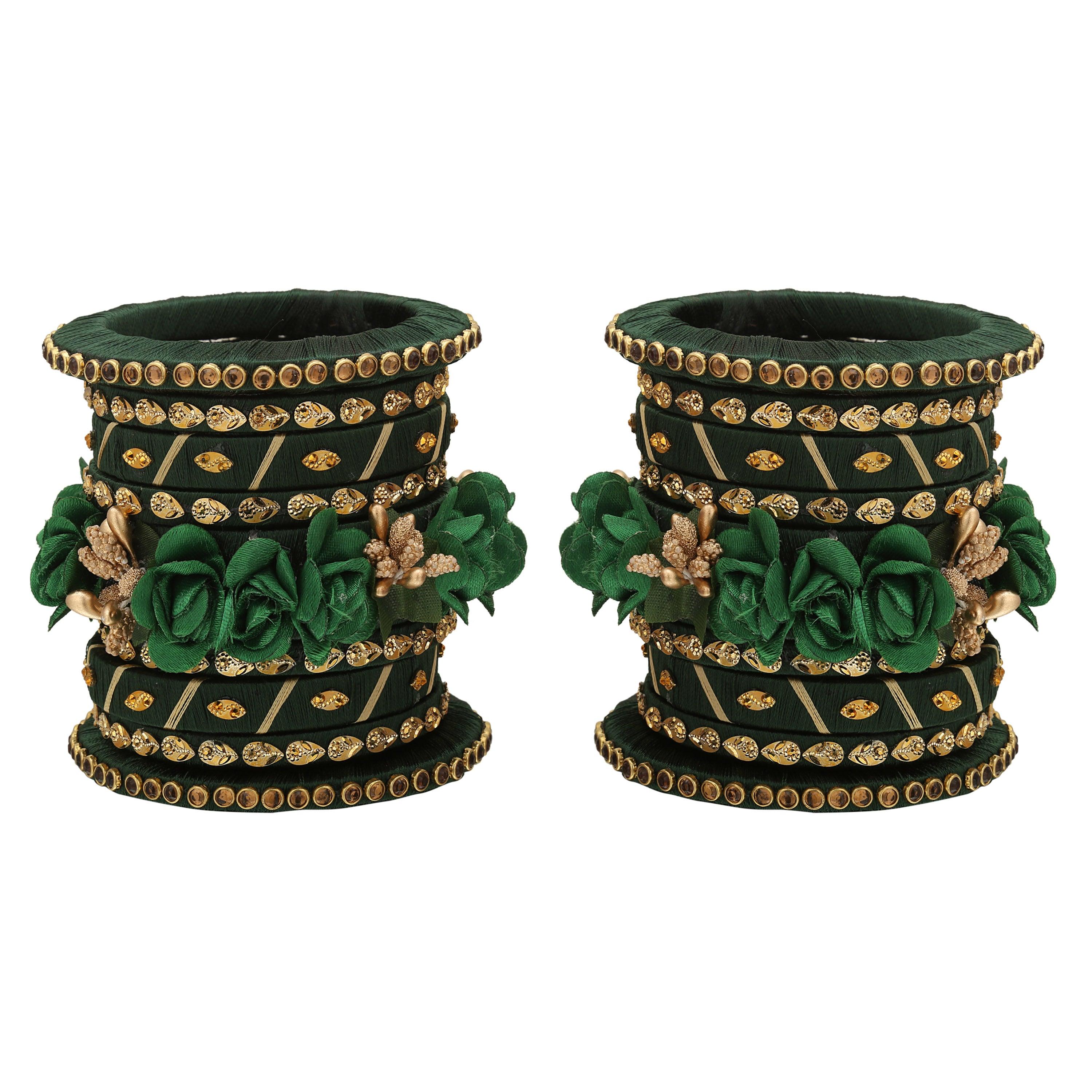 Sukriti Stylish Handmade Bottle-Green Flower Designer Silk thread Plastic Bridal Chuda Wedding Bangles for Women – Set of 18