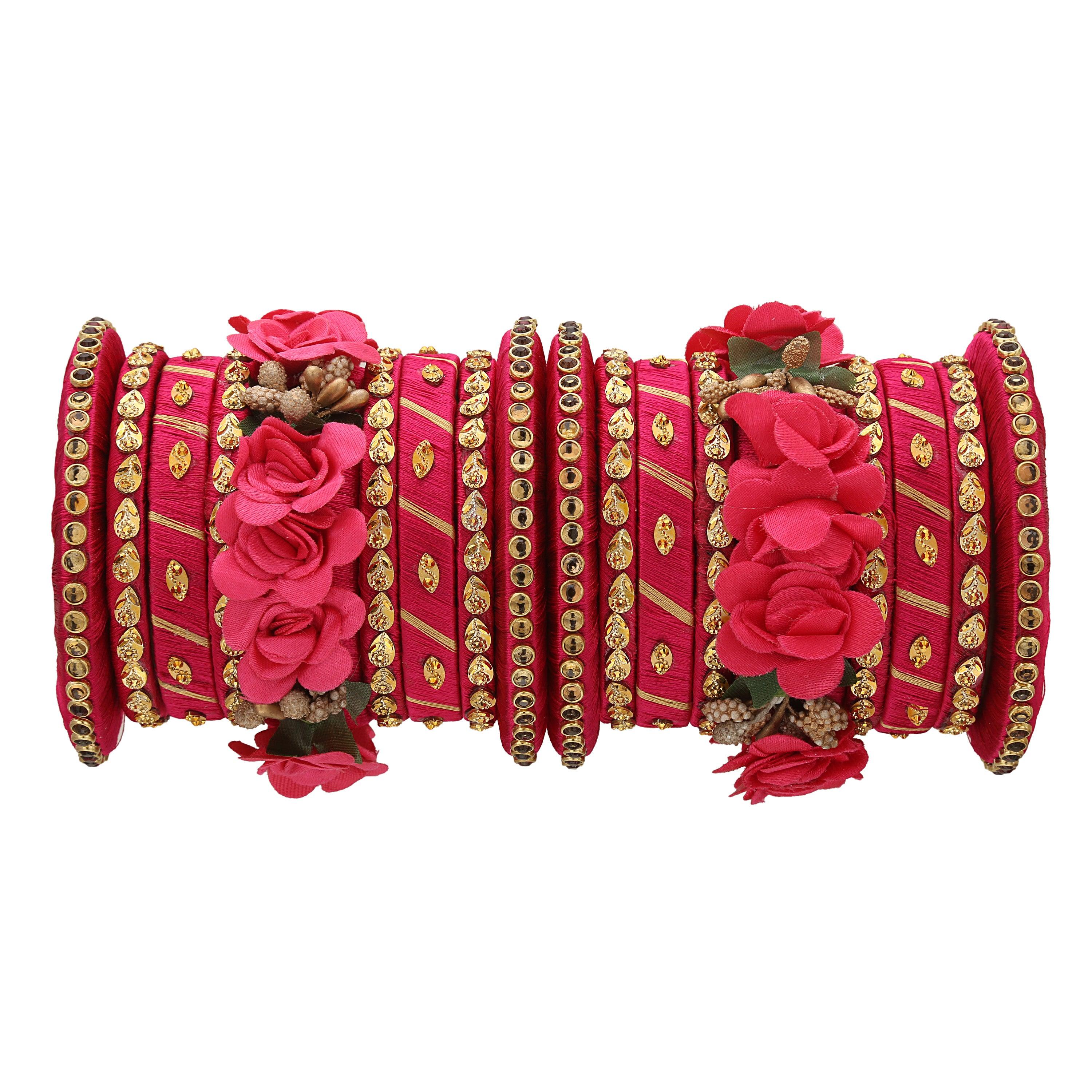 Sukriti Stylish Handmade Magenta Flower Designer Silk thread Plastic Bridal Chuda Wedding Bangles for Women – Set of 18