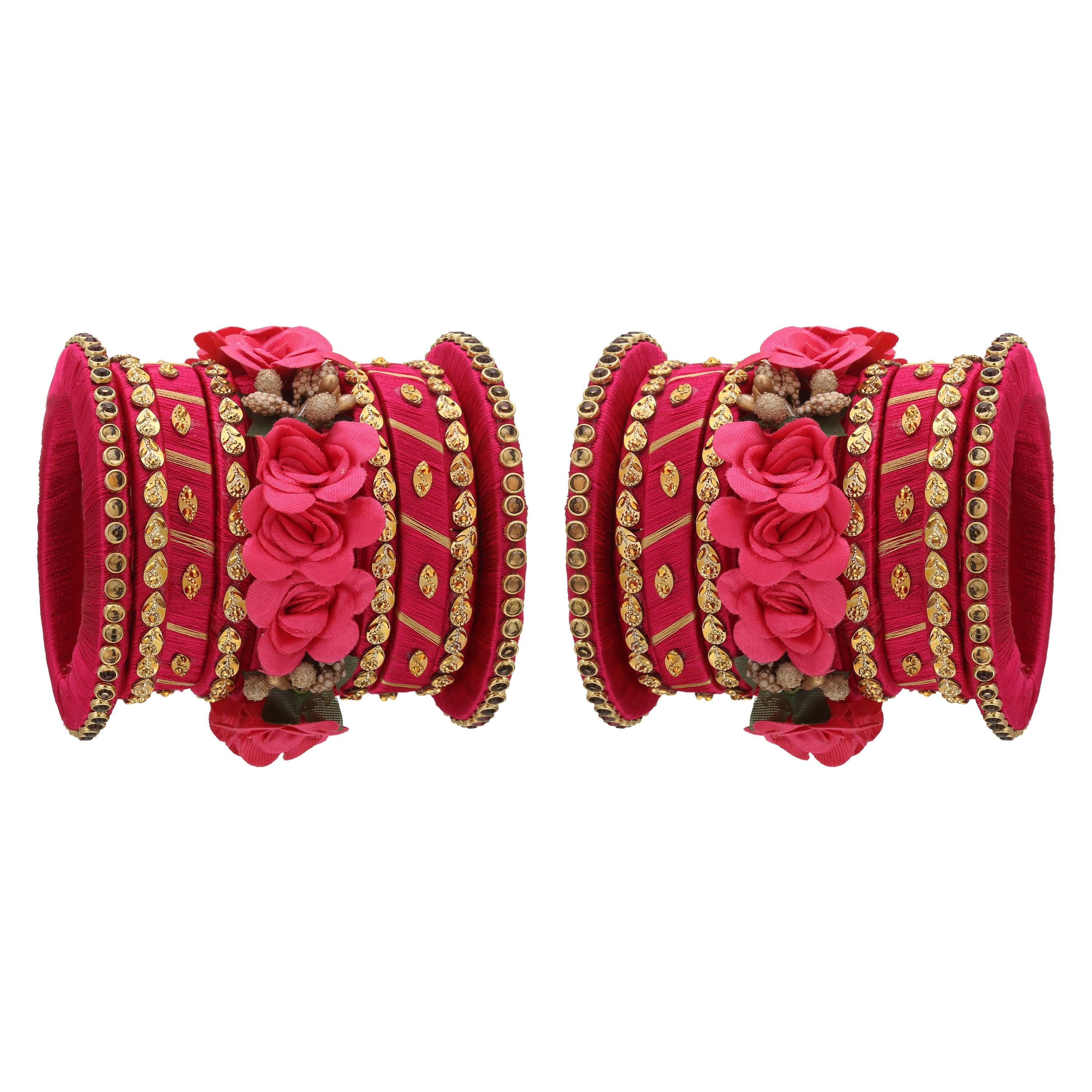 Sukriti Stylish Handmade Magenta Flower Designer Silk thread Plastic Bridal Chuda Wedding Bangles for Women – Set of 18