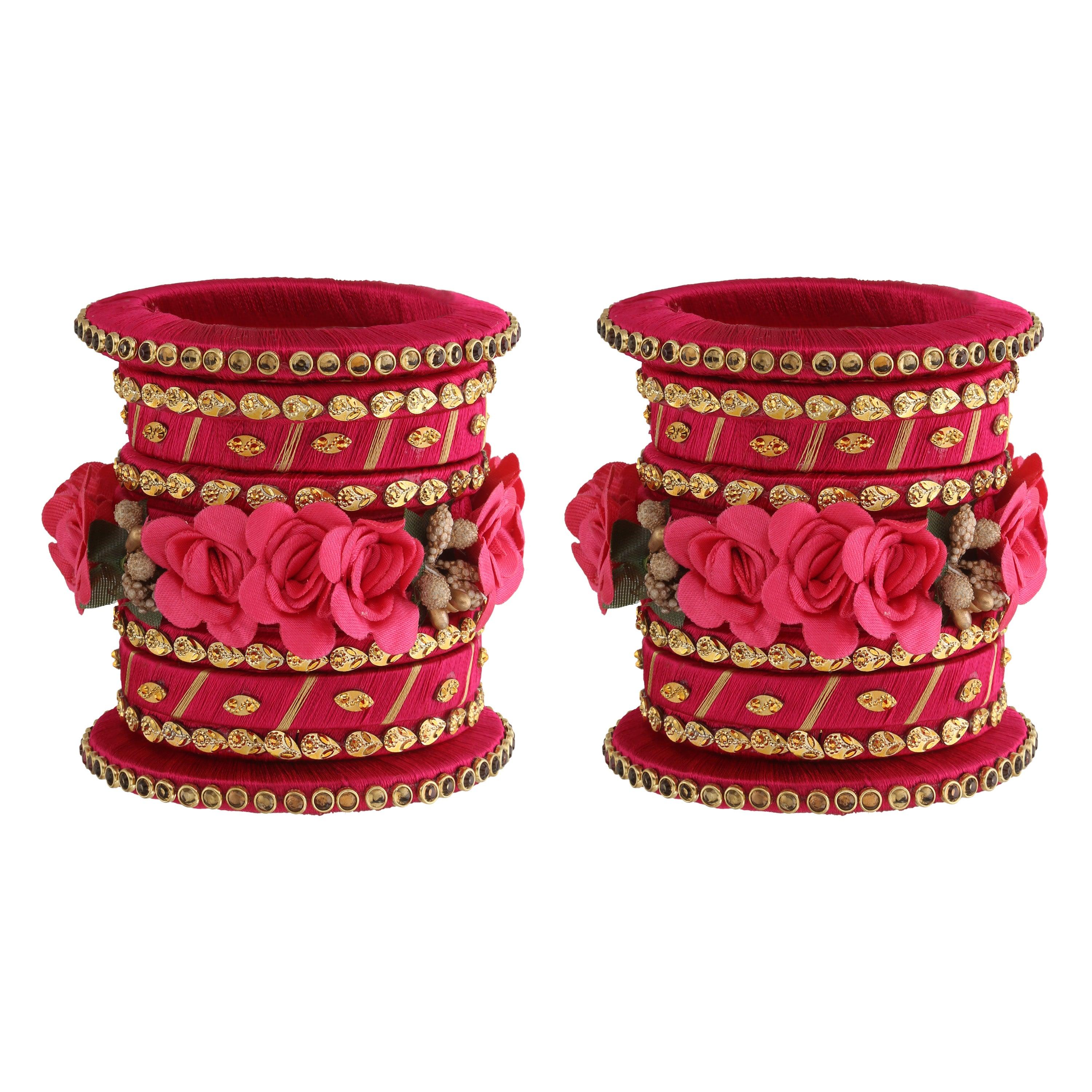 Sukriti Stylish Handmade Magenta Flower Designer Silk thread Plastic Bridal Chuda Wedding Bangles for Women – Set of 18