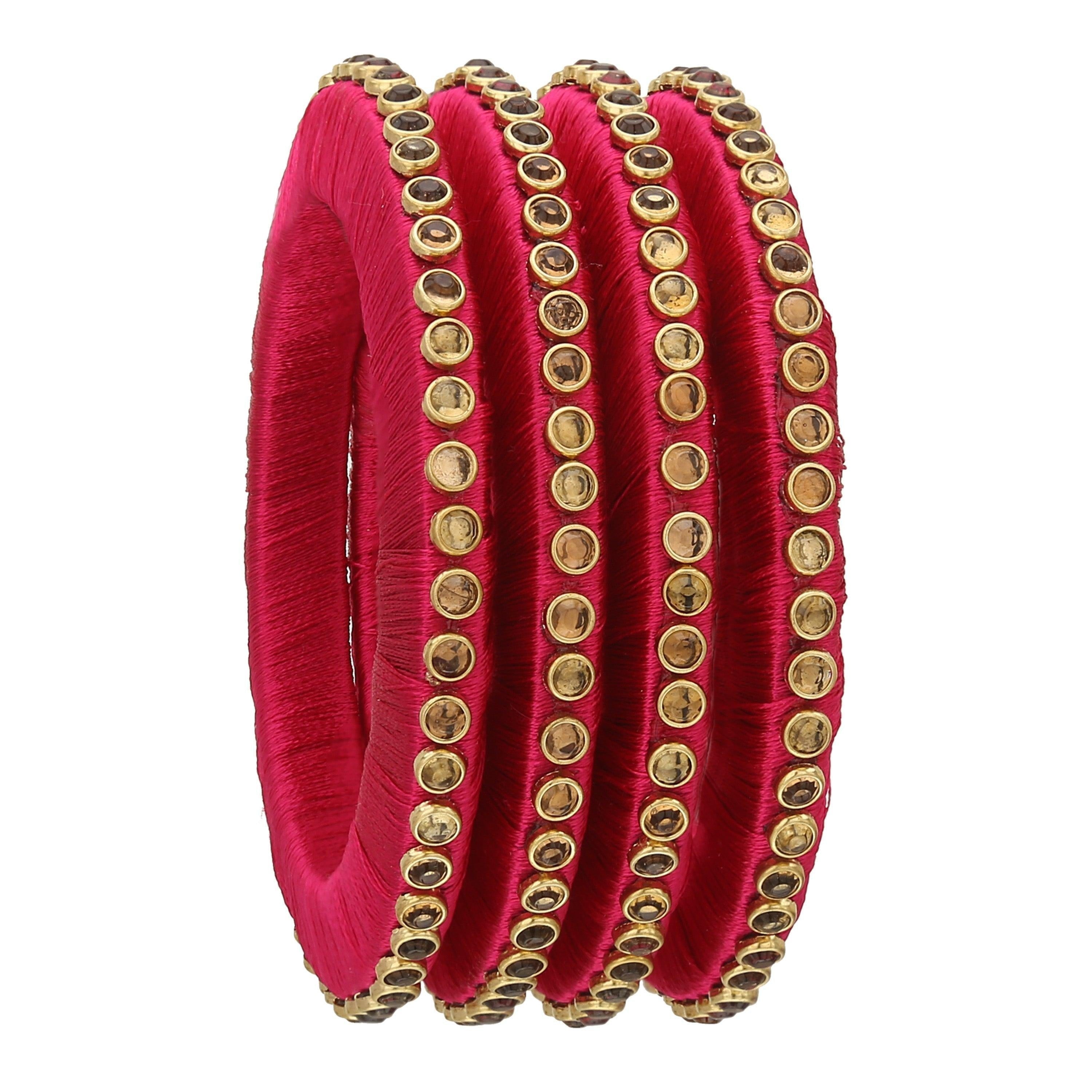 Sukriti Stylish Handmade Magenta Flower Designer Silk thread Plastic Bridal Chuda Wedding Bangles for Women – Set of 18