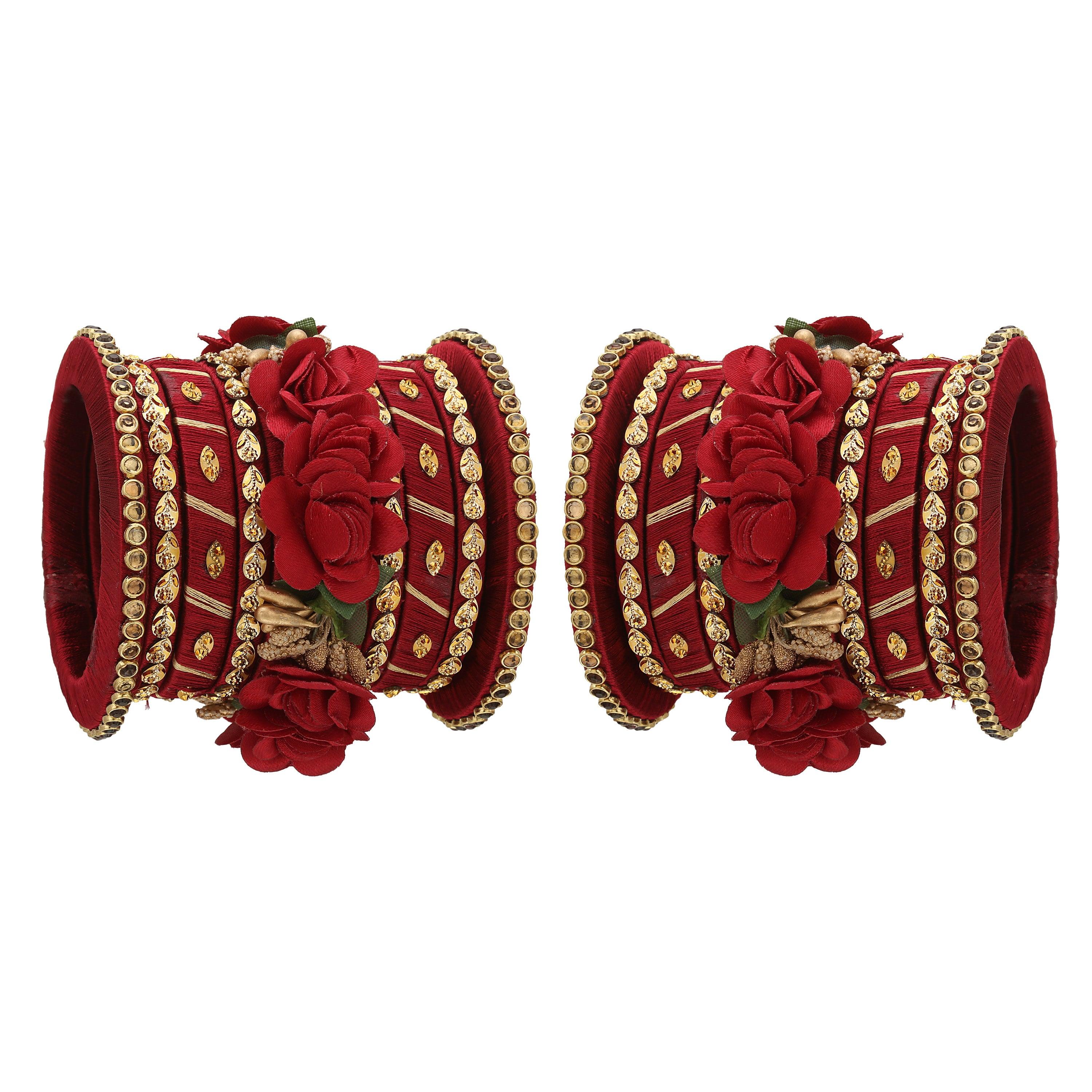Sukriti Stylish Handmade Maroon Flower Designer Silk thread Plastic Bridal Chuda Wedding Bangles for Women – Set of 18