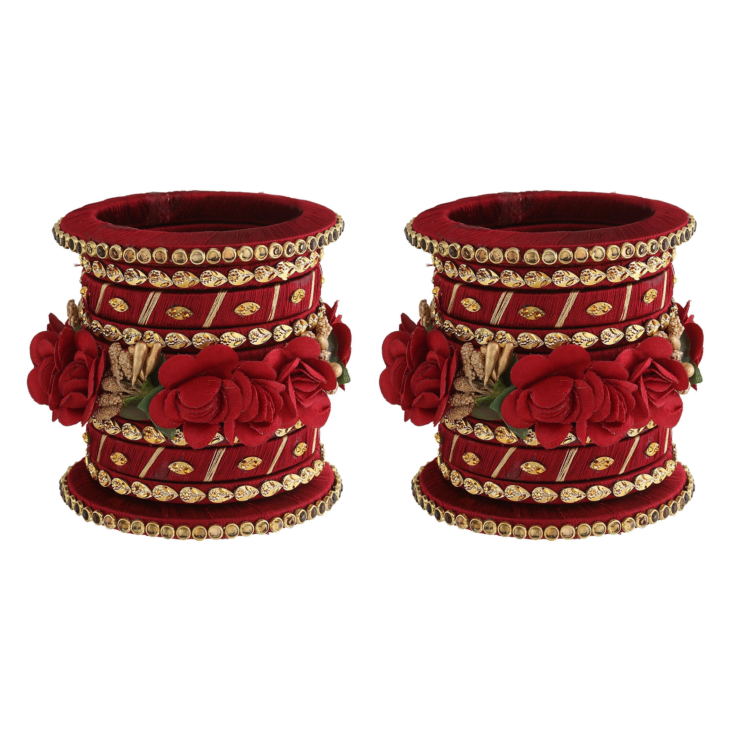 Sukriti Stylish Handmade Maroon Flower Designer Silk thread Plastic Bridal Chuda Wedding Bangles for Women – Set of 18