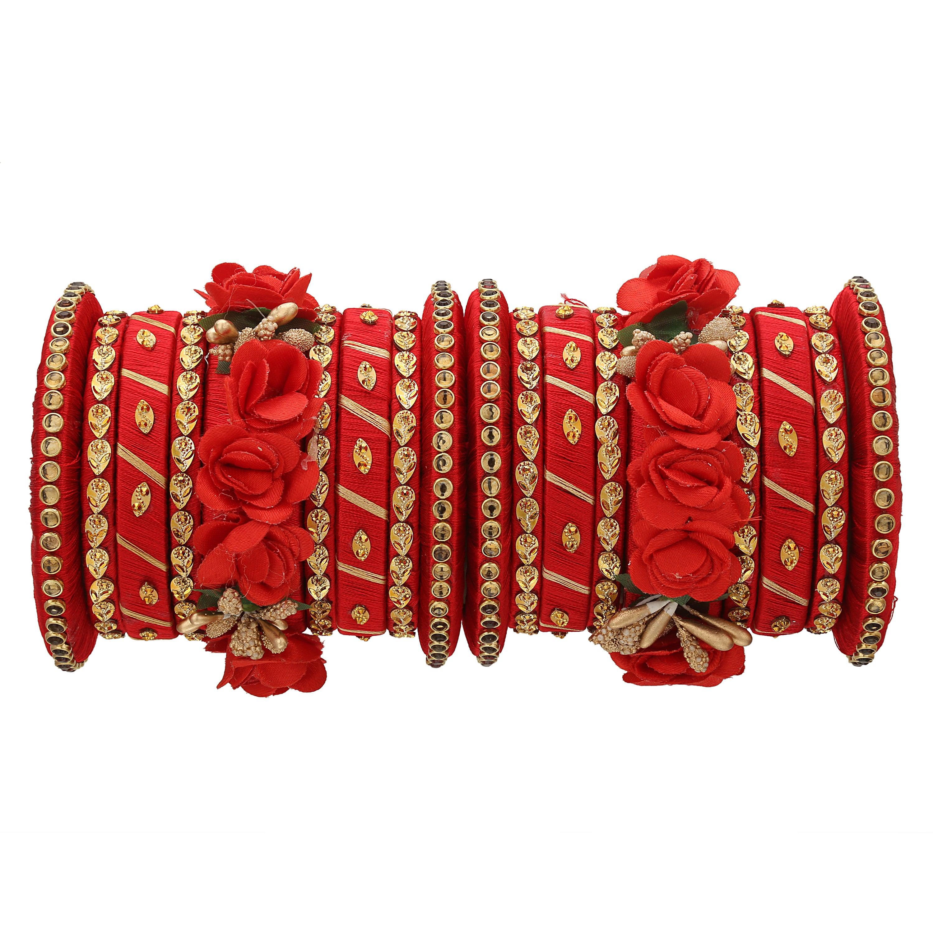 Sukriti Stylish Handmade Red Flower Designer Silk thread Plastic Bridal Chuda Wedding Bangles for Women – Set of 18