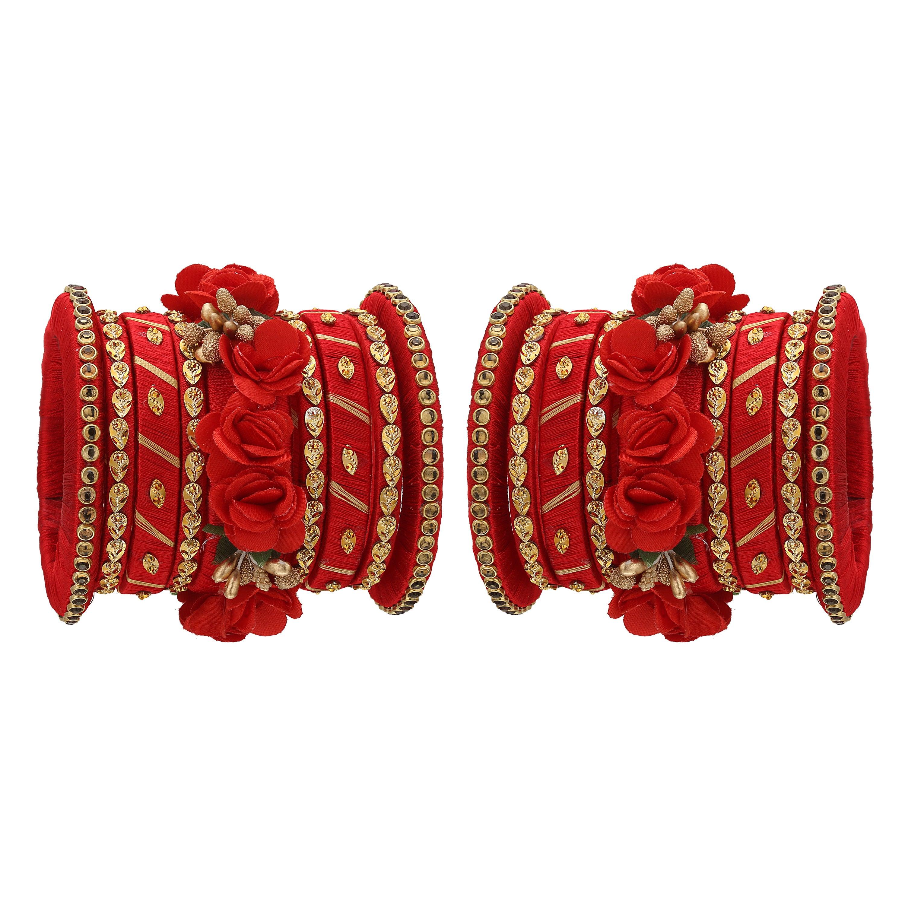 Sukriti Stylish Handmade Red Flower Designer Silk thread Plastic Bridal Chuda Wedding Bangles for Women – Set of 18