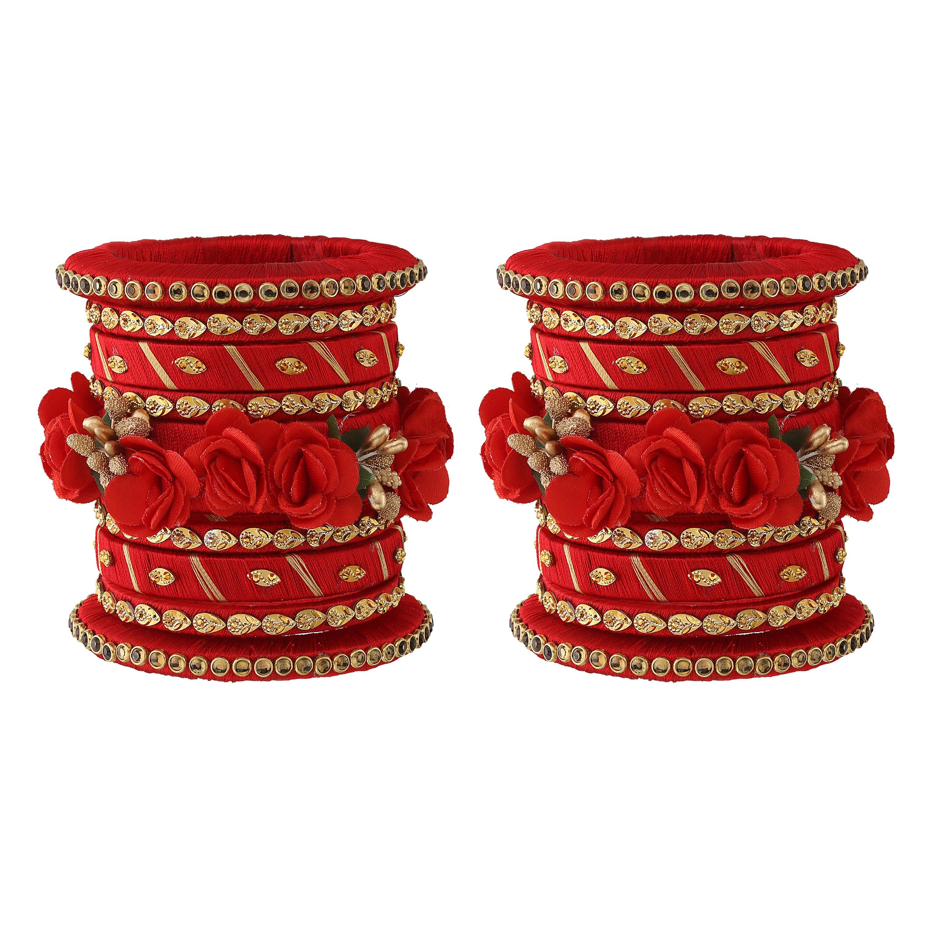 Sukriti Stylish Handmade Red Flower Designer Silk thread Plastic Bridal Chuda Wedding Bangles for Women – Set of 18