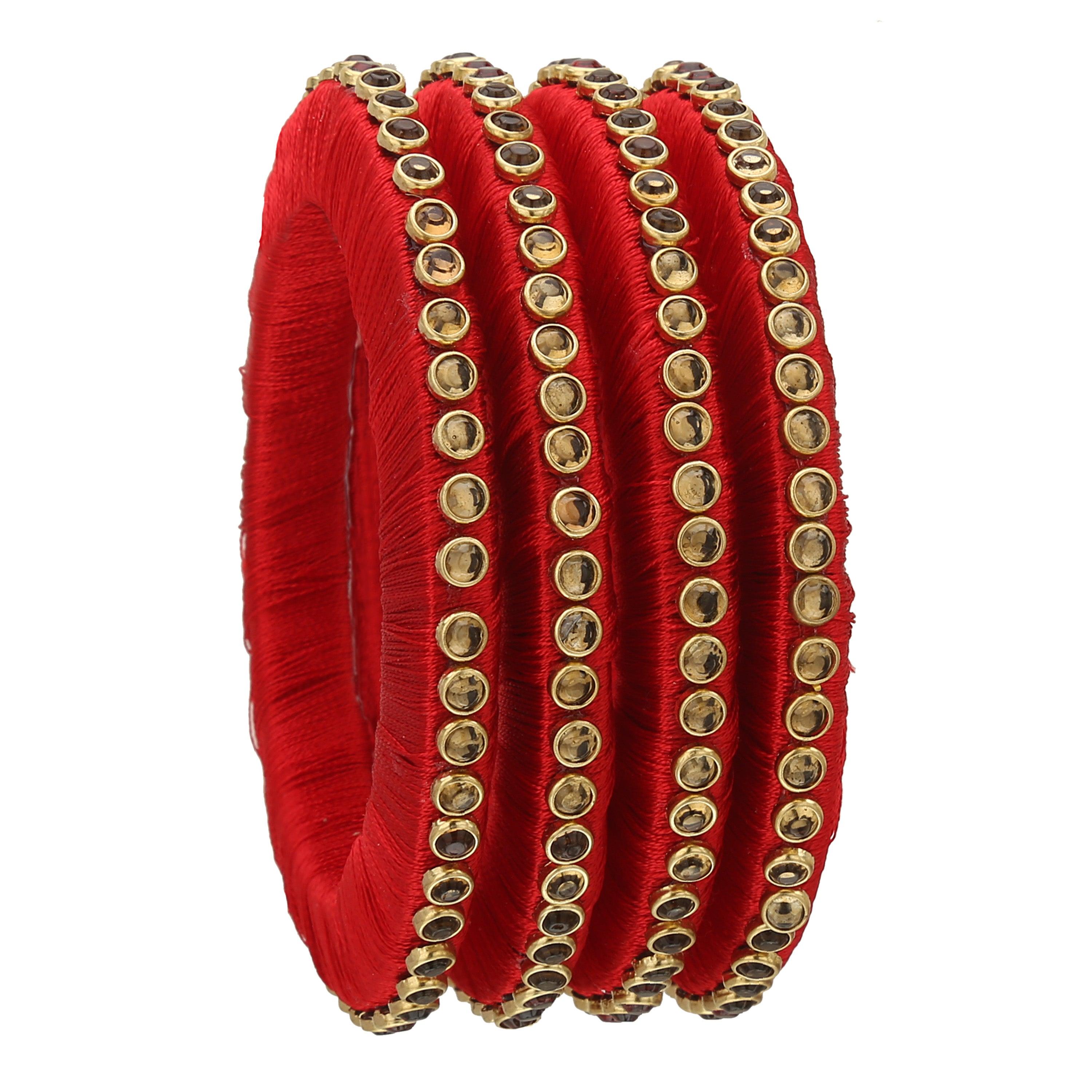 Sukriti Stylish Handmade Red Flower Designer Silk thread Plastic Bridal Chuda Wedding Bangles for Women – Set of 18