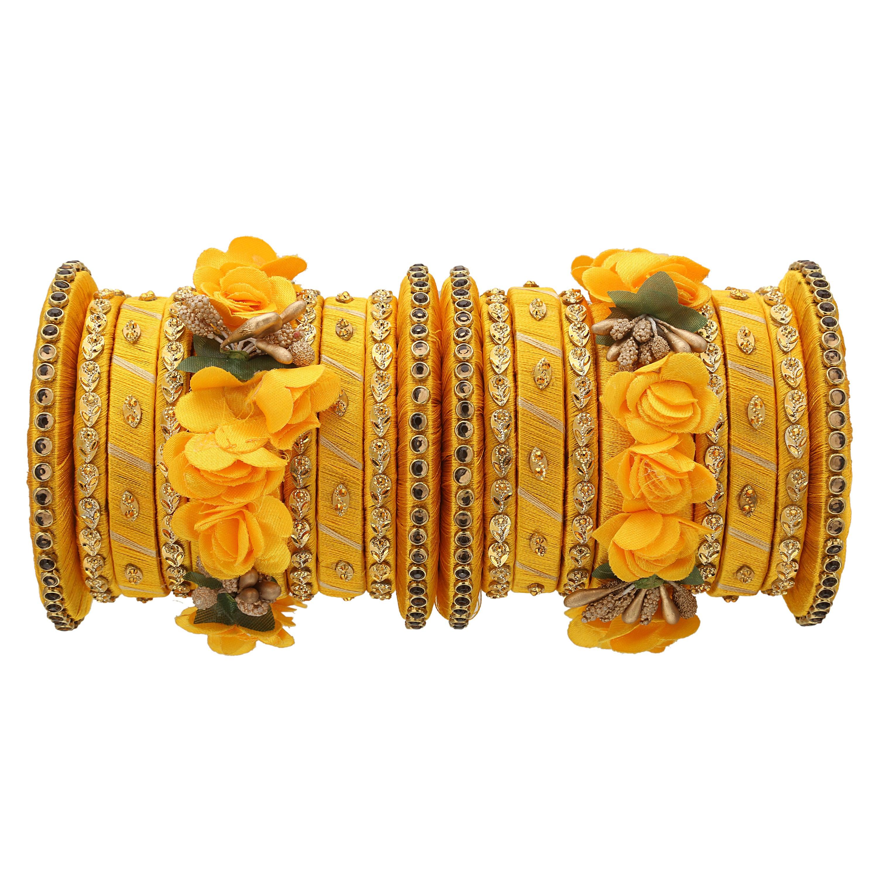 Sukriti Stylish Handmade Yellow Flower Designer Silk thread Plastic Bridal Chuda Wedding Bangles for Women – Set of 18