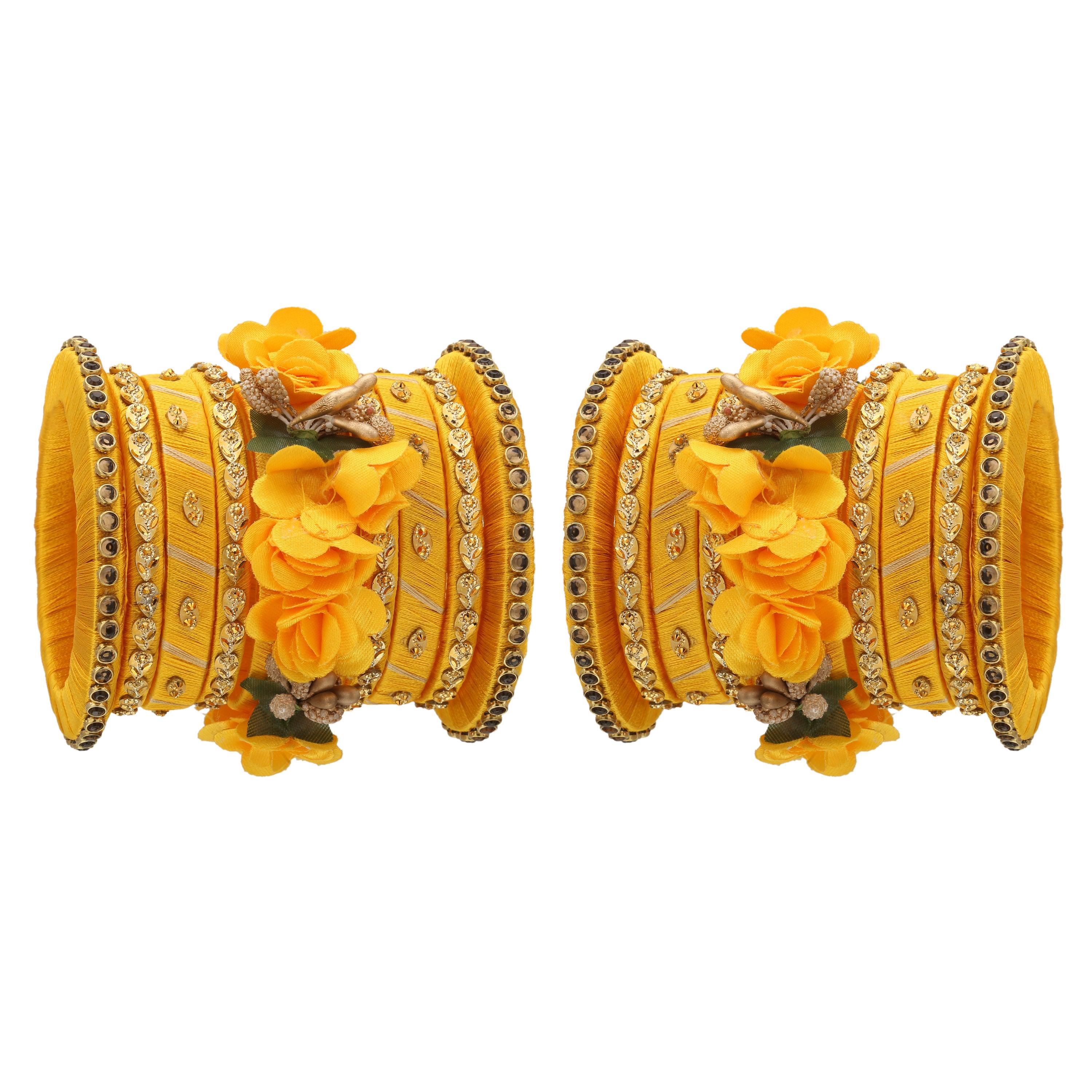 Sukriti Stylish Handmade Yellow Flower Designer Silk thread Plastic Bridal Chuda Wedding Bangles for Women – Set of 18