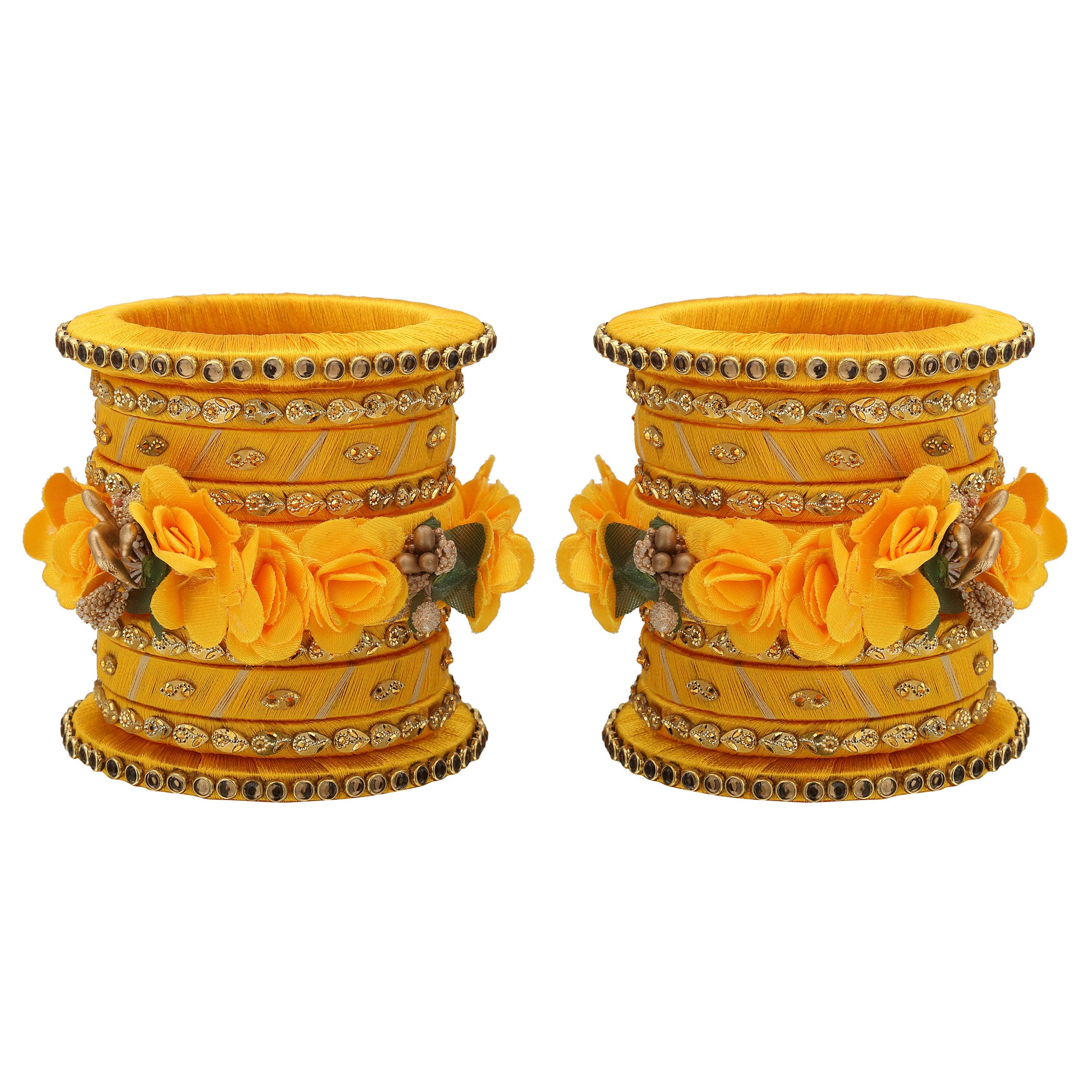 Sukriti Stylish Handmade Yellow Flower Designer Silk thread Plastic Bridal Chuda Wedding Bangles for Women – Set of 18