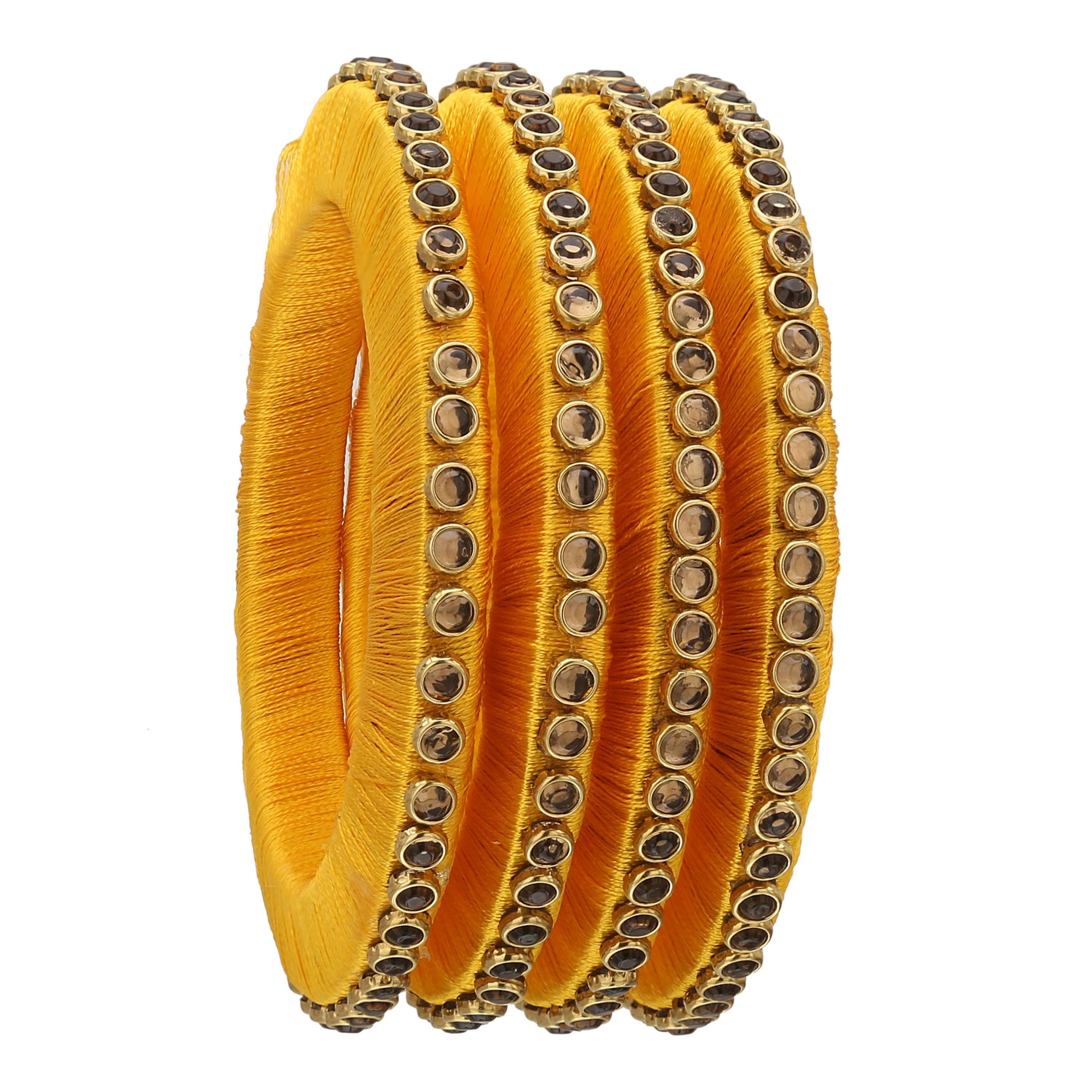 Sukriti Stylish Handmade Yellow Flower Designer Silk thread Plastic Bridal Chuda Wedding Bangles for Women – Set of 18