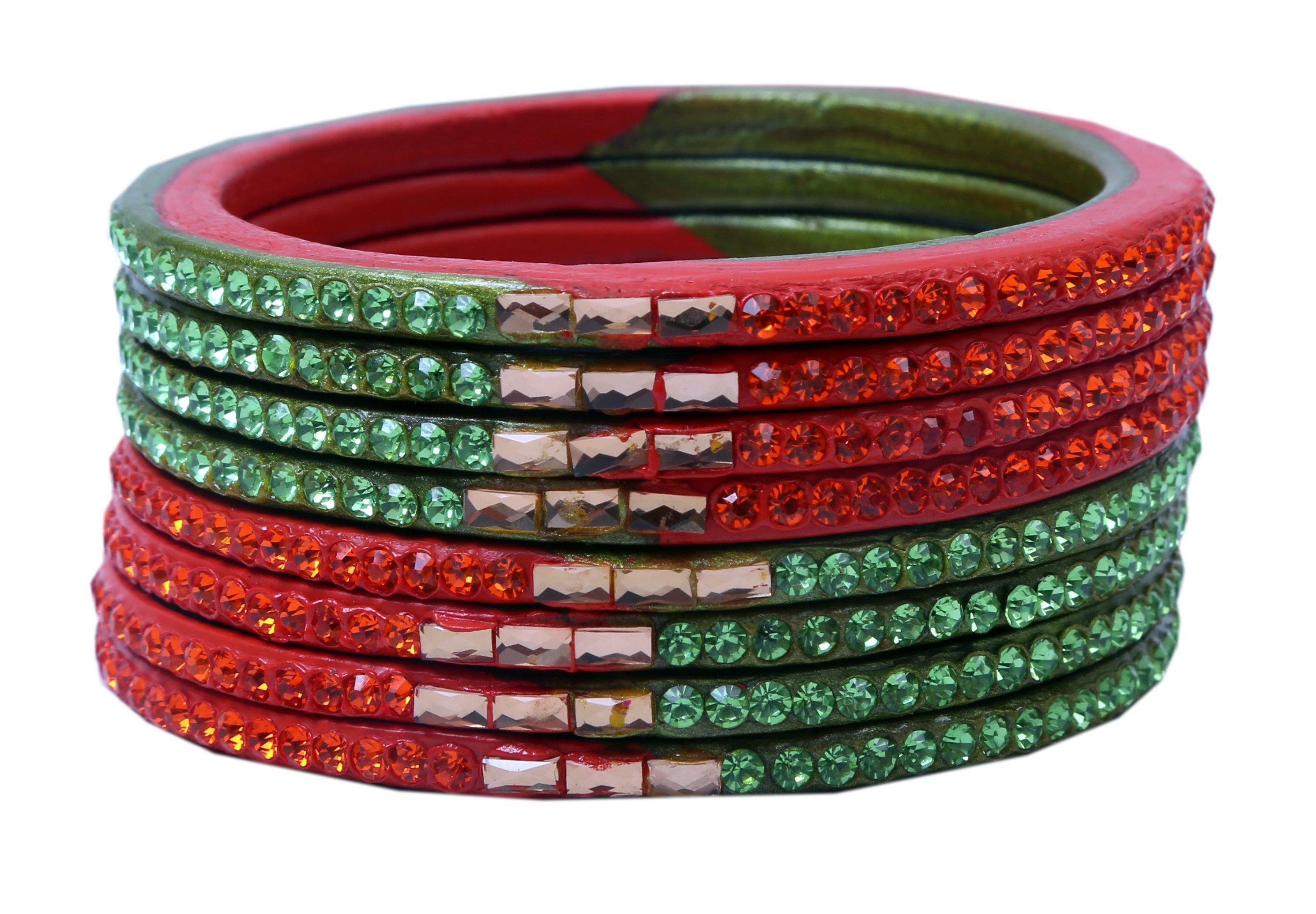 Sukriti Traditional Green-Orange Lac Bangles for Women - Set of 8
