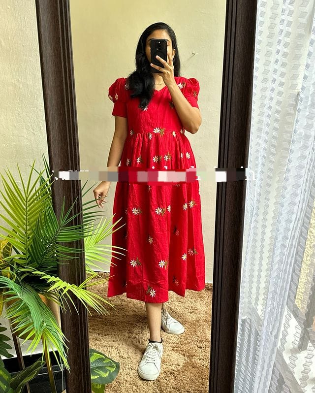 Sunflower Embroidered Cotton Midi Kurti with Puff Sleeves