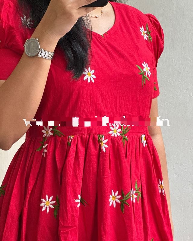 Sunflower Embroidered Cotton Midi Kurti with Puff Sleeves