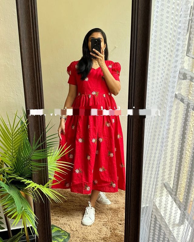 Sunflower Embroidered Cotton Midi Kurti with Puff Sleeves