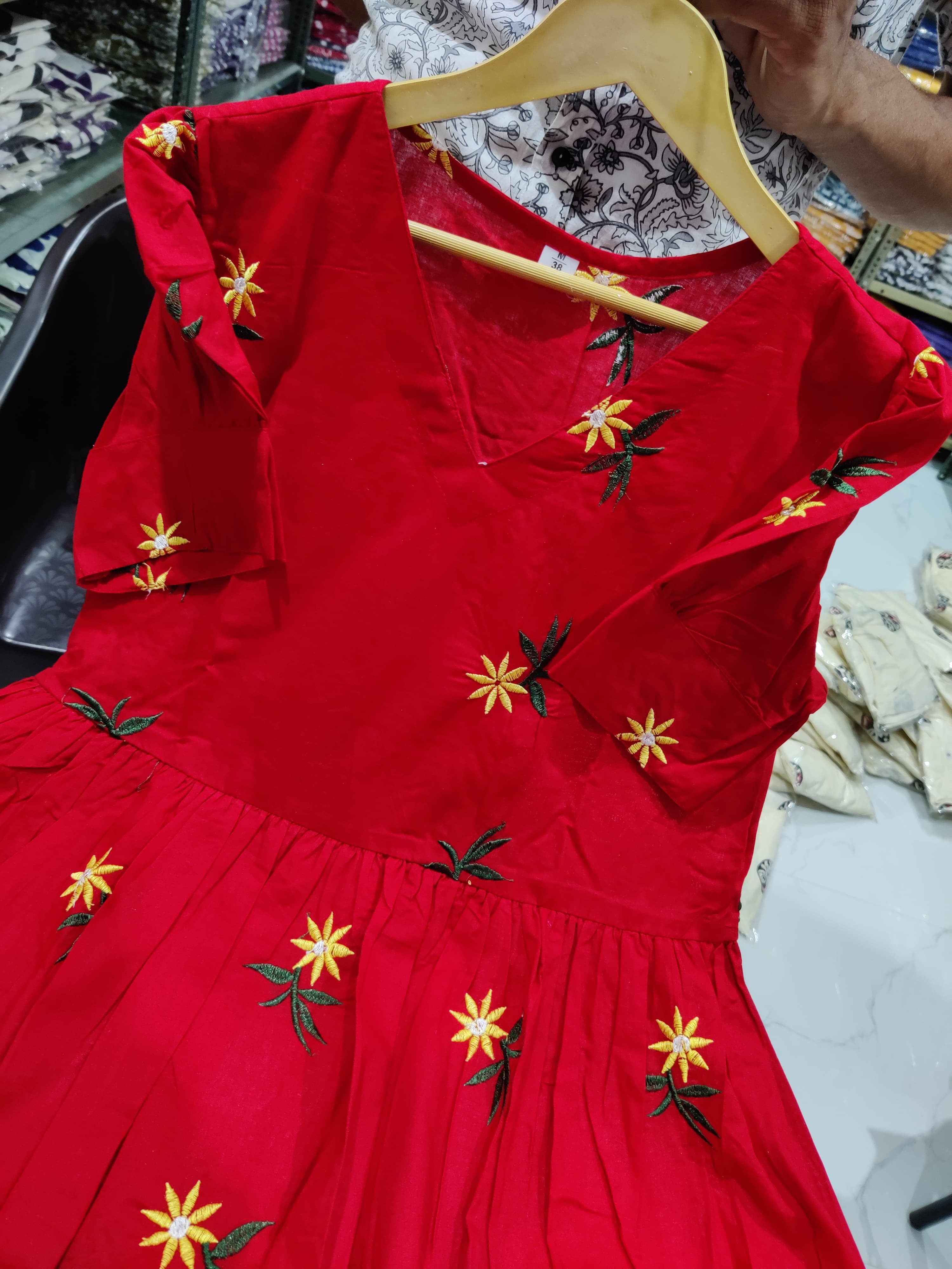 Sunflower Embroidered Cotton Midi Kurti with Puff Sleeves