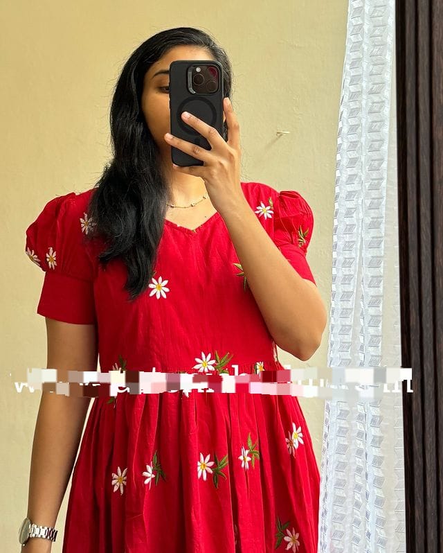 Sunflower Embroidered Cotton Midi Kurti with Puff Sleeves