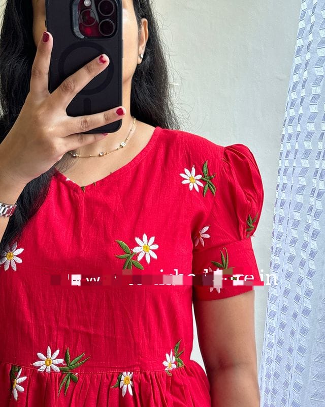 Sunflower Embroidered Cotton Midi Kurti with Puff Sleeves