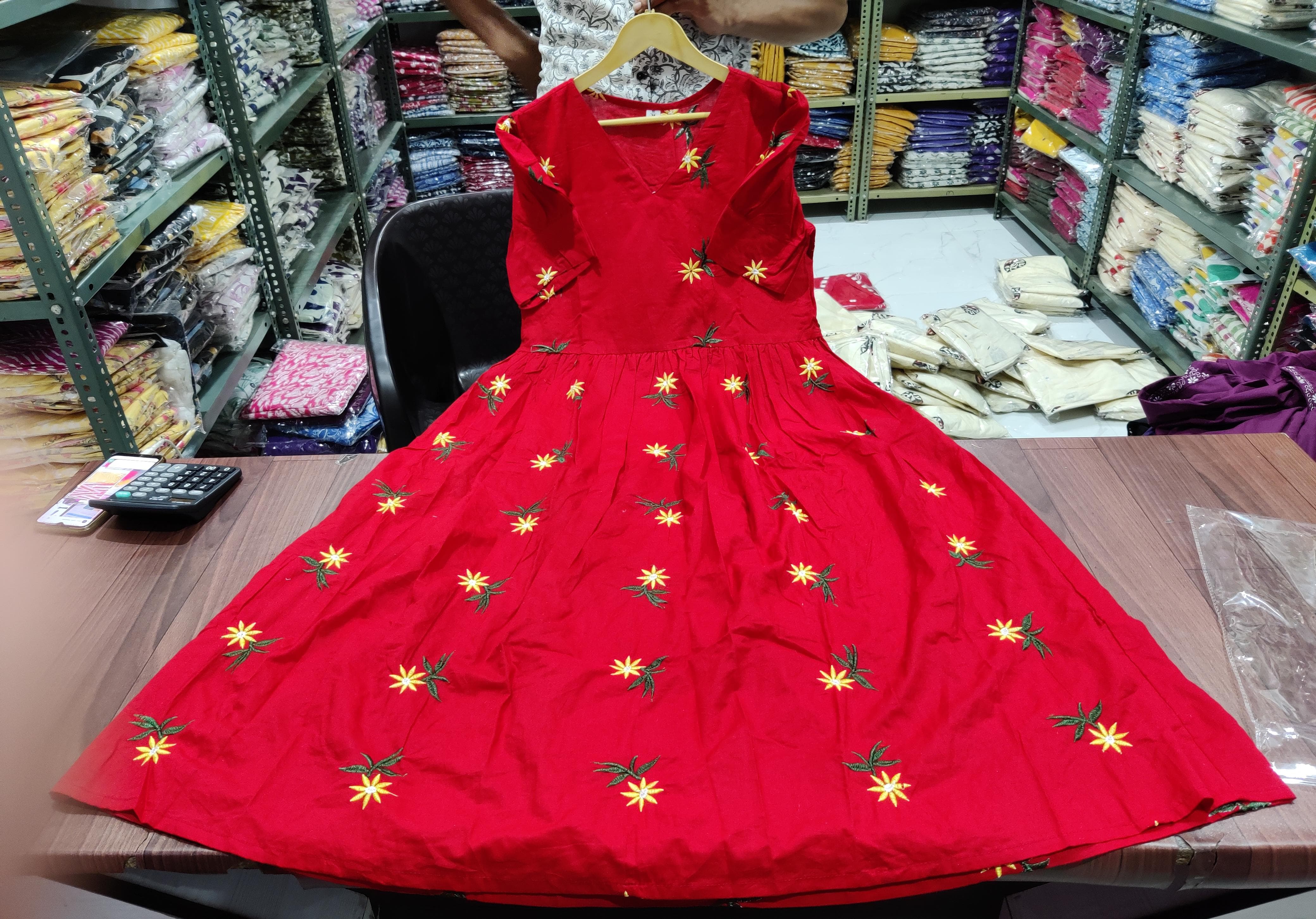 Sunflower Embroidered Cotton Midi Kurti with Puff Sleeves