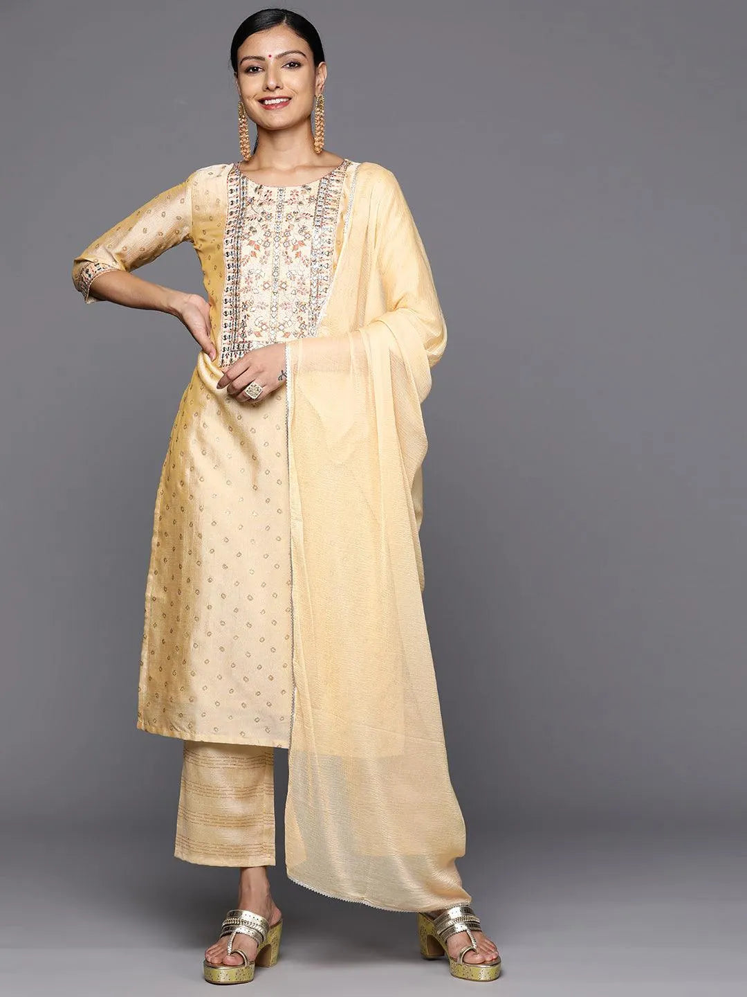 Anouk Tan Printed Silk Blend Straight Kurta With Trousers & Dupatta