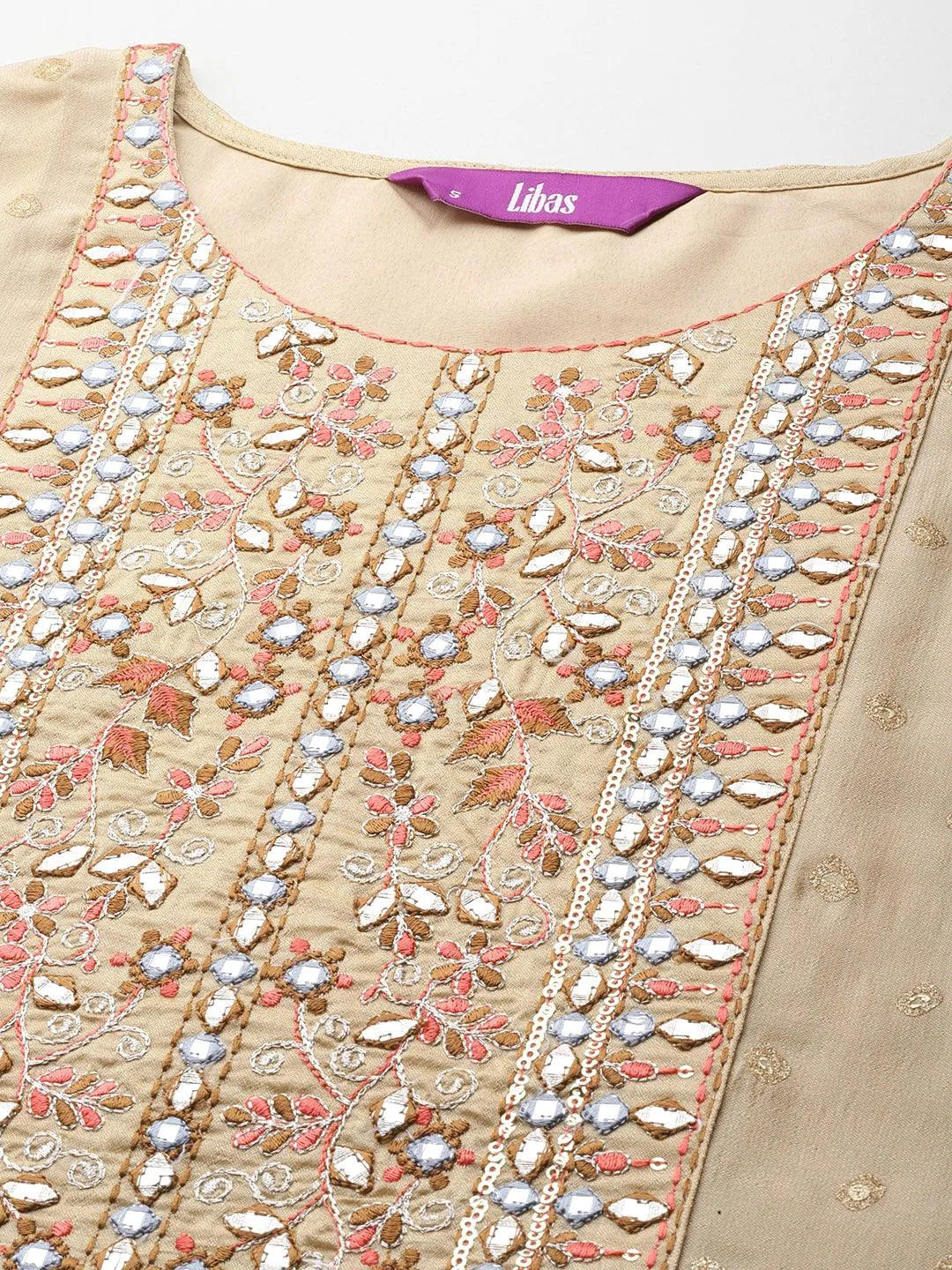 Anouk Tan Printed Silk Blend Straight Kurta With Trousers & Dupatta