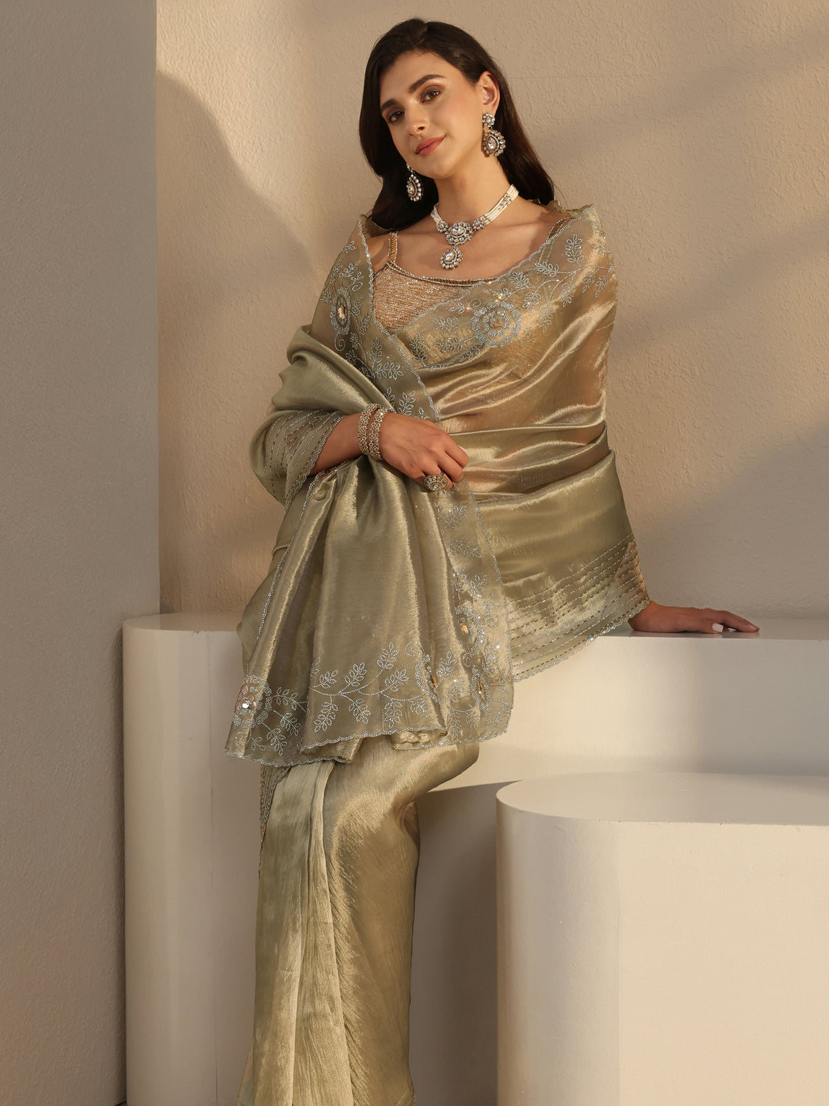 Anouk Taupe Embellished Chiffon Saree With Unstitched Blouse Piece