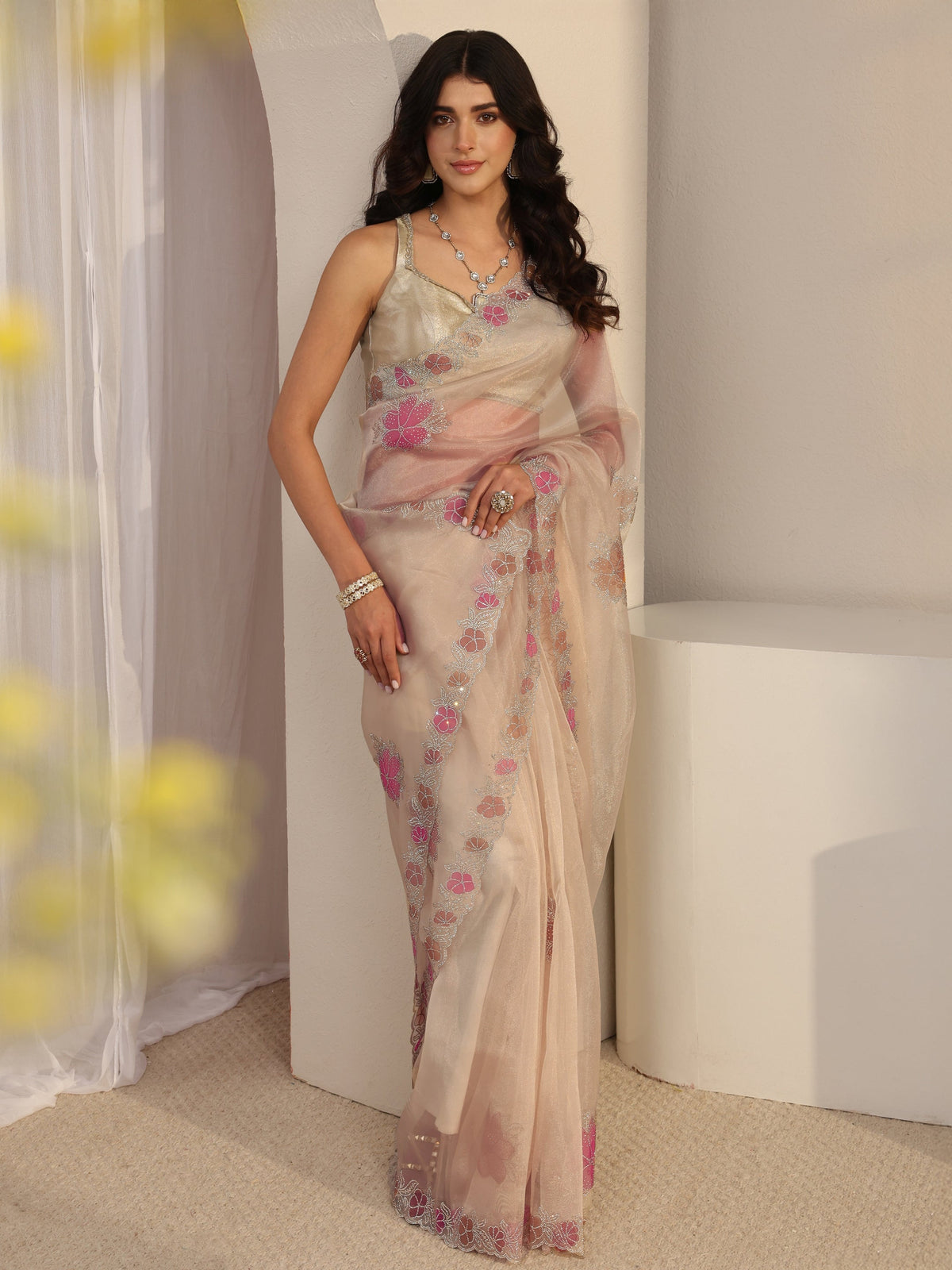 Anouk Taupe Floral Embellished Organza Saree With Unstitched Blouse Piece