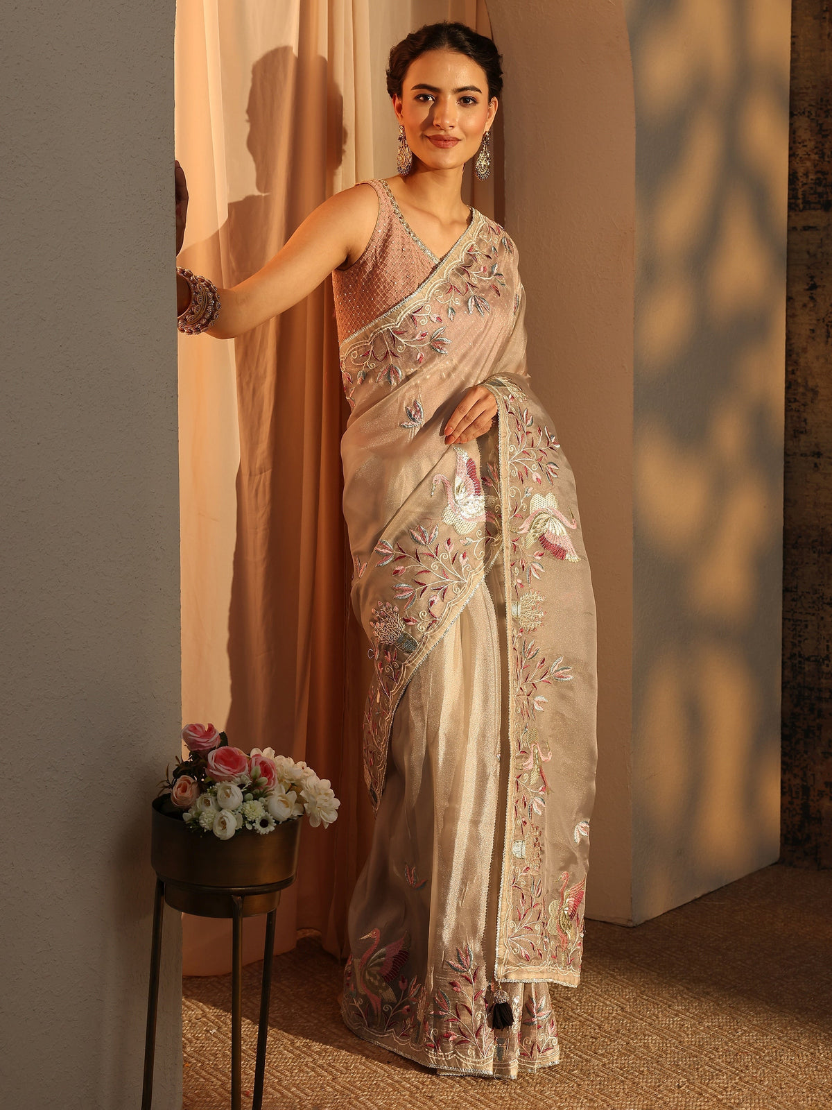 Anouk Taupe Floral Embroidered Organza Saree With Unstitched Blouse Piece