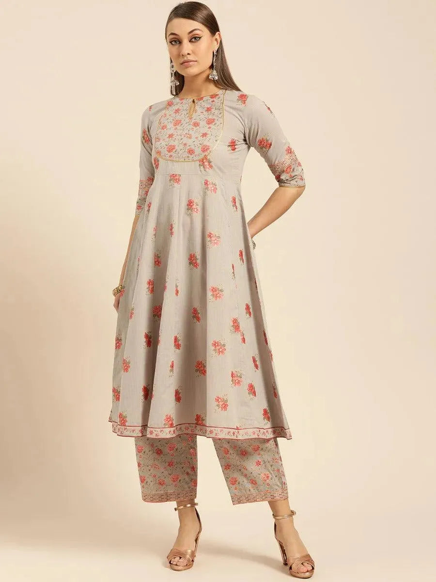 Anouk Taupe Printed Cotton Anarkali Kurta With Palazzos