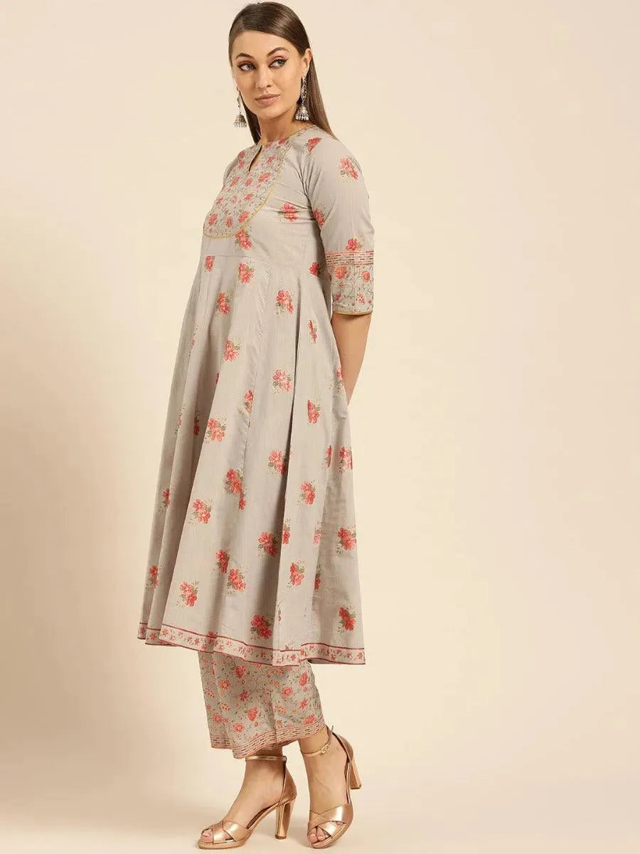 Anouk Taupe Printed Cotton Anarkali Kurta With Palazzos