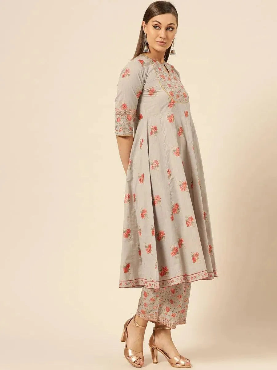 Anouk Taupe Printed Cotton Anarkali Kurta With Palazzos