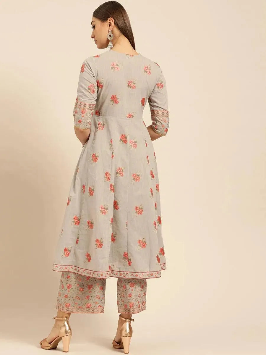 Anouk Taupe Printed Cotton Anarkali Kurta With Palazzos