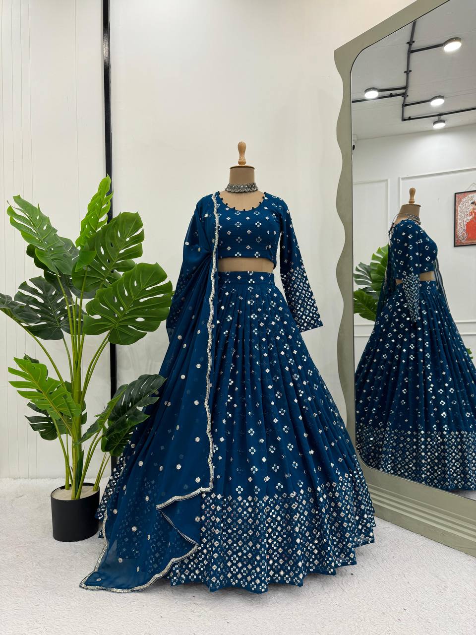 Teal Blue  Designer Faux Georgette Semi-Stitched Lehenga Set with 9mm Sequin Embroidery & Cutwork Dupatta