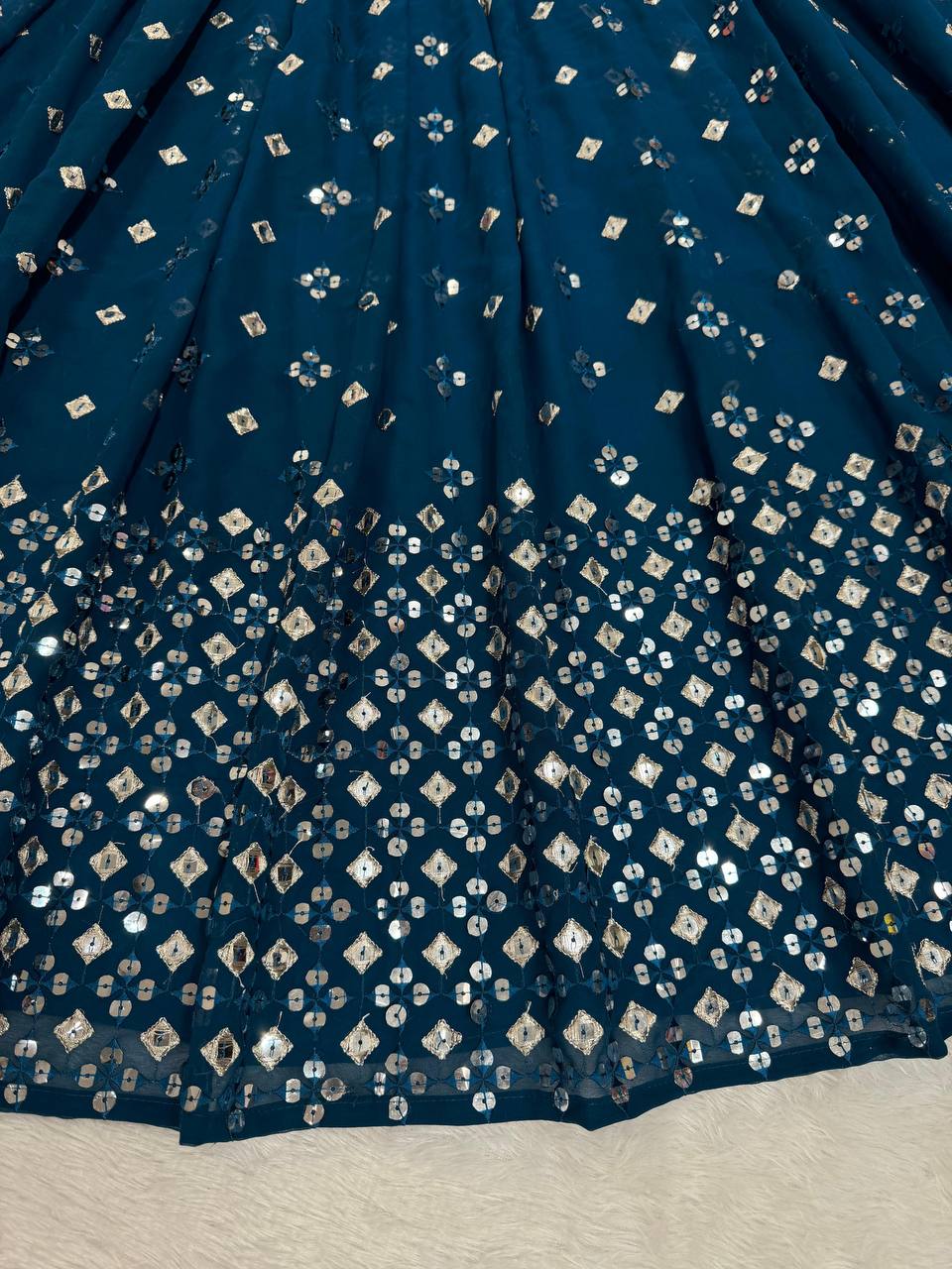 Teal Blue  Designer Faux Georgette Semi-Stitched Lehenga Set with 9mm Sequin Embroidery & Cutwork Dupatta