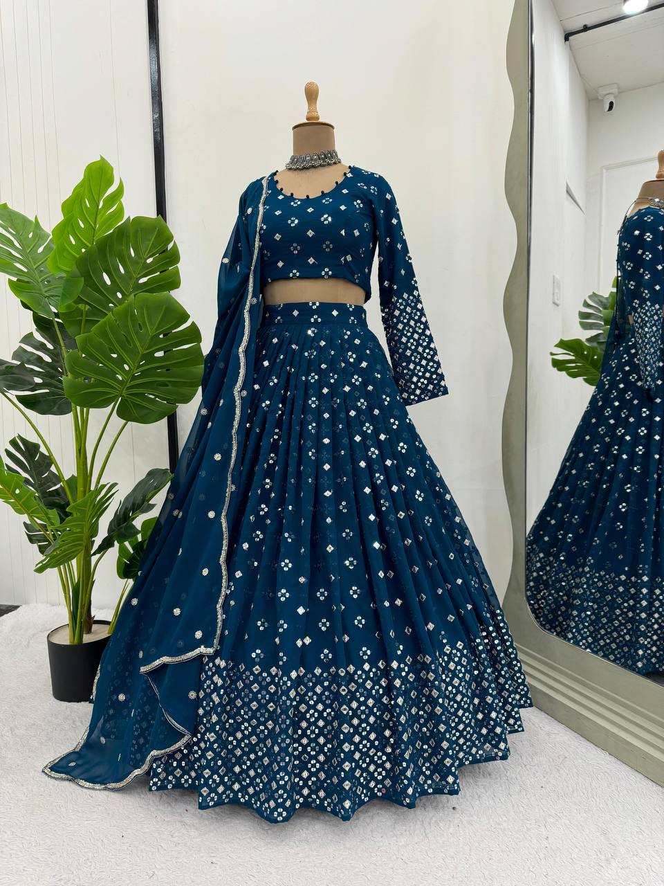 Teal Blue  Designer Faux Georgette Semi-Stitched Lehenga Set with 9mm Sequin Embroidery & Cutwork Dupatta