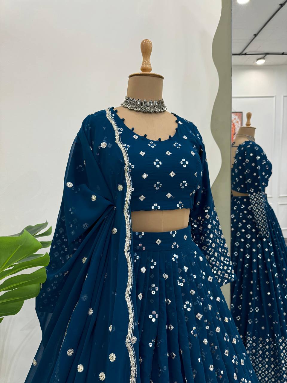 Teal Blue  Designer Faux Georgette Semi-Stitched Lehenga Set with 9mm Sequin Embroidery & Cutwork Dupatta