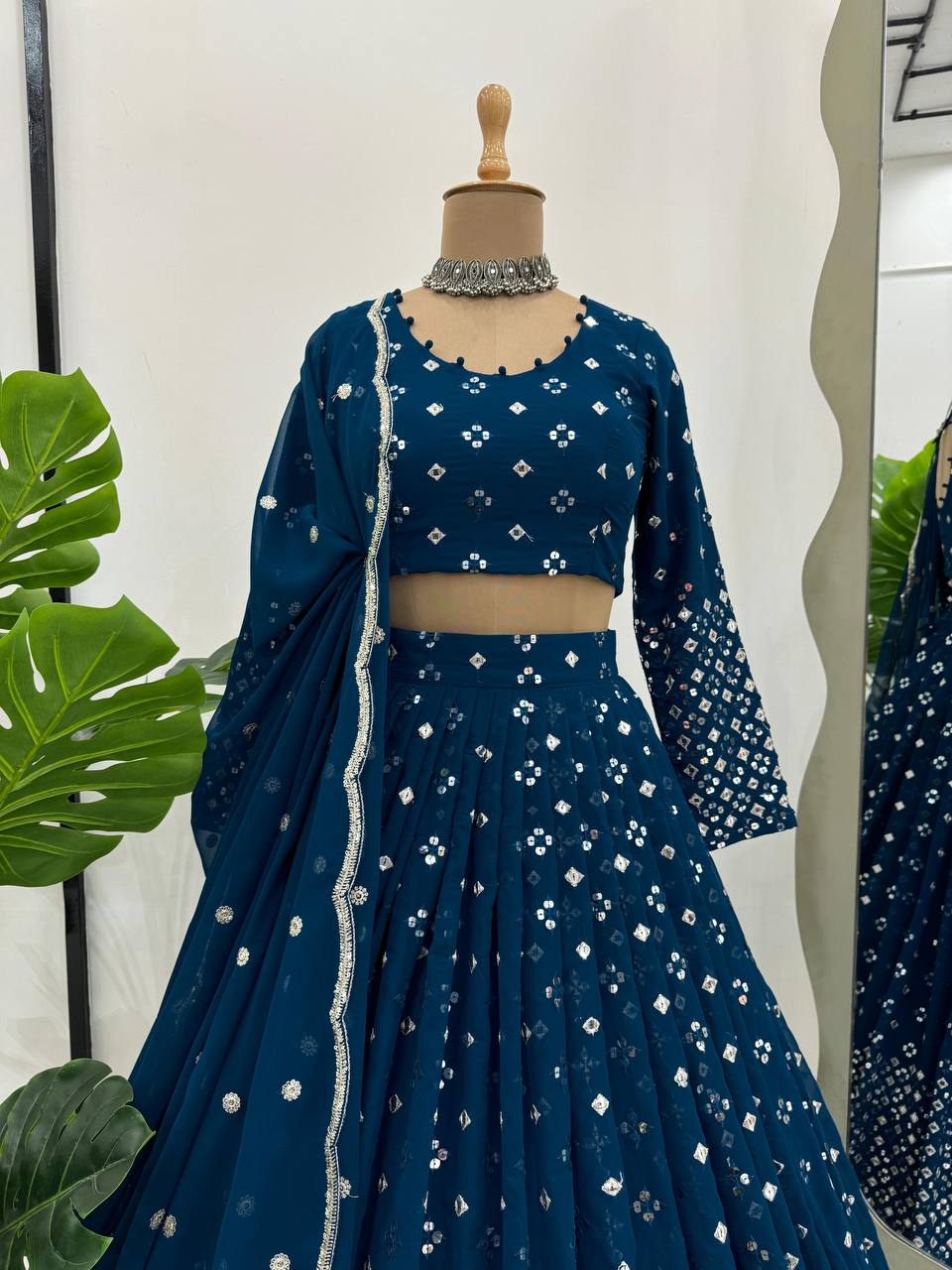 Teal Blue  Designer Faux Georgette Semi-Stitched Lehenga Set with 9mm Sequin Embroidery & Cutwork Dupatta