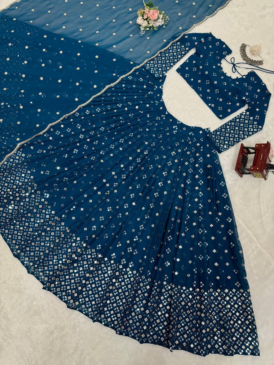 Teal Blue  Designer Faux Georgette Semi-Stitched Lehenga Set with 9mm Sequin Embroidery & Cutwork Dupatta