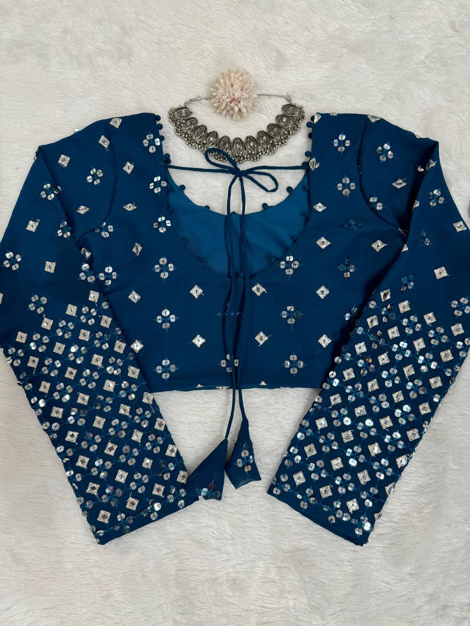 Teal Blue  Designer Faux Georgette Semi-Stitched Lehenga Set with 9mm Sequin Embroidery & Cutwork Dupatta