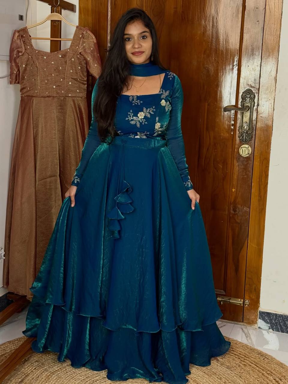 Teal Blue Designer Heavy Fandy Satin Embroidered Peplum Lehenga Set with Sequins, Zari Work, Belt & Matching Dupatta – Fully Stitched Festive & Party Wear