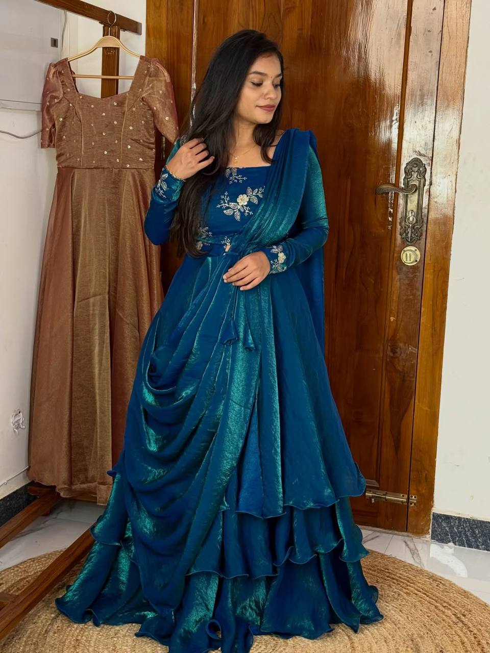 Teal Blue Designer Heavy Fandy Satin Embroidered Peplum Lehenga Set with Sequins, Zari Work, Belt & Matching Dupatta – Fully Stitched Festive & Party Wear