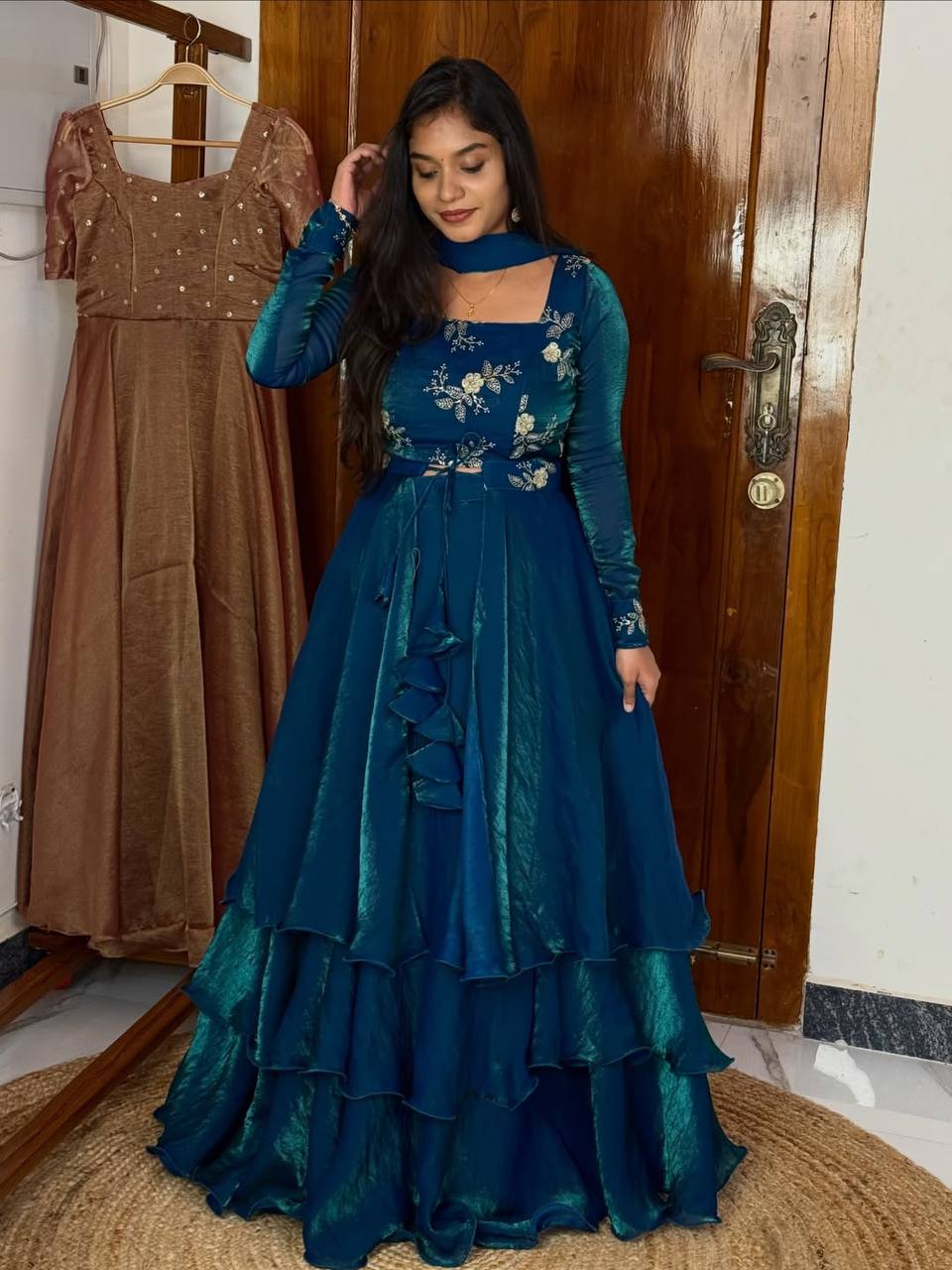 Teal Blue Designer Heavy Fandy Satin Embroidered Peplum Lehenga Set with Sequins, Zari Work, Belt & Matching Dupatta – Fully Stitched Festive & Party Wear