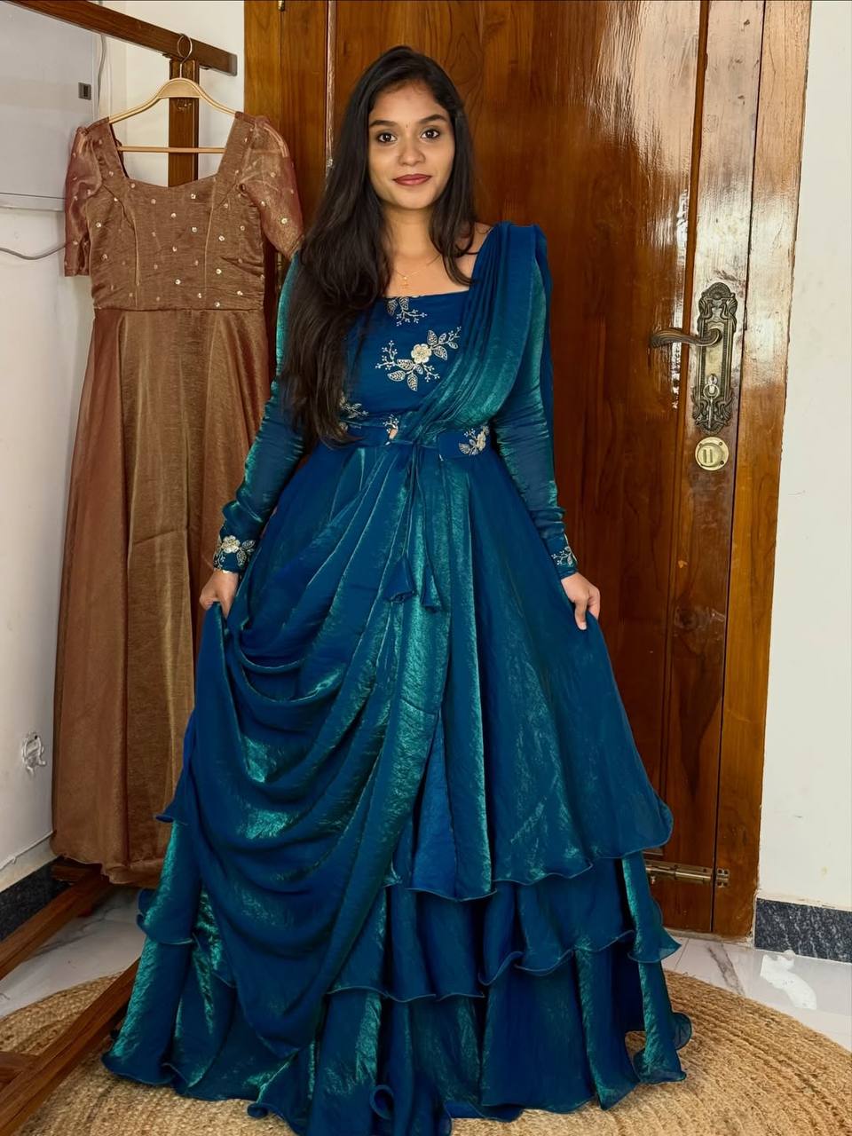 Teal Blue Designer Heavy Fandy Satin Embroidered Peplum Lehenga Set with Sequins, Zari Work, Belt & Matching Dupatta – Fully Stitched Festive & Party Wear