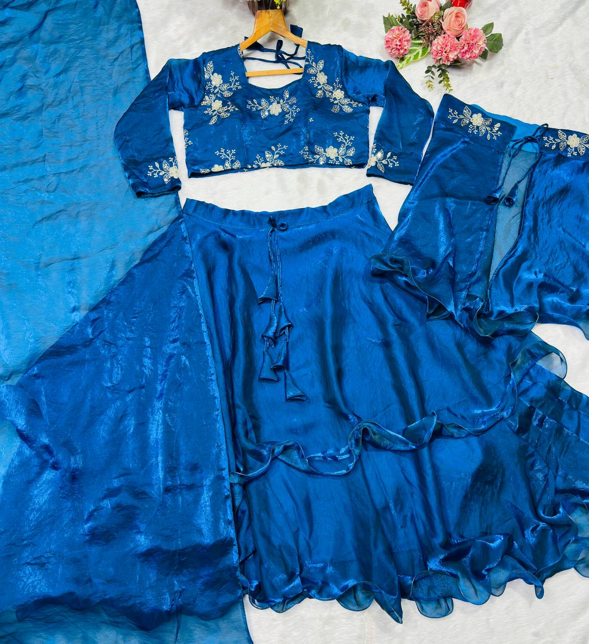 Teal Blue Designer Heavy Fandy Satin Embroidered Peplum Lehenga Set with Sequins, Zari Work, Belt & Matching Dupatta – Fully Stitched Festive & Party Wear