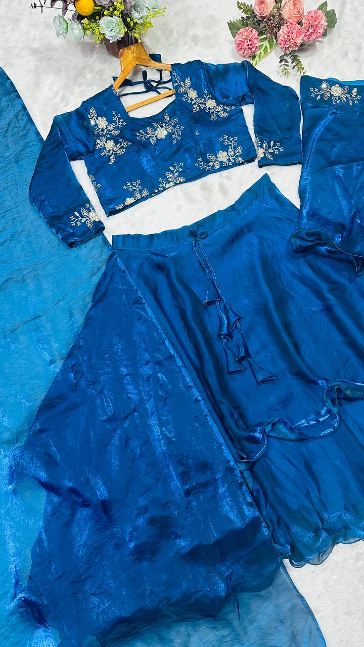 Teal Blue Designer Heavy Fandy Satin Embroidered Peplum Lehenga Set with Sequins, Zari Work, Belt & Matching Dupatta – Fully Stitched Festive & Party Wear