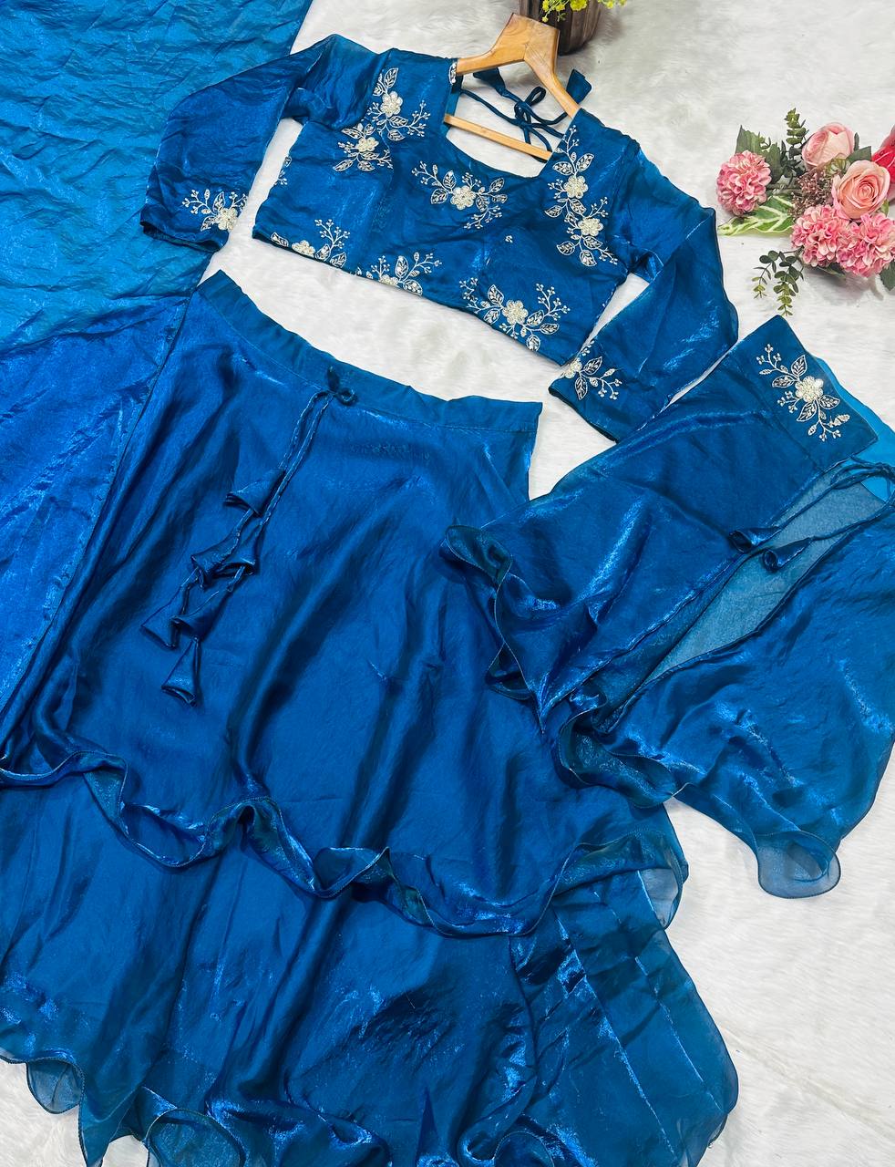 Teal Blue Designer Heavy Fandy Satin Embroidered Peplum Lehenga Set with Sequins, Zari Work, Belt & Matching Dupatta – Fully Stitched Festive & Party Wear
